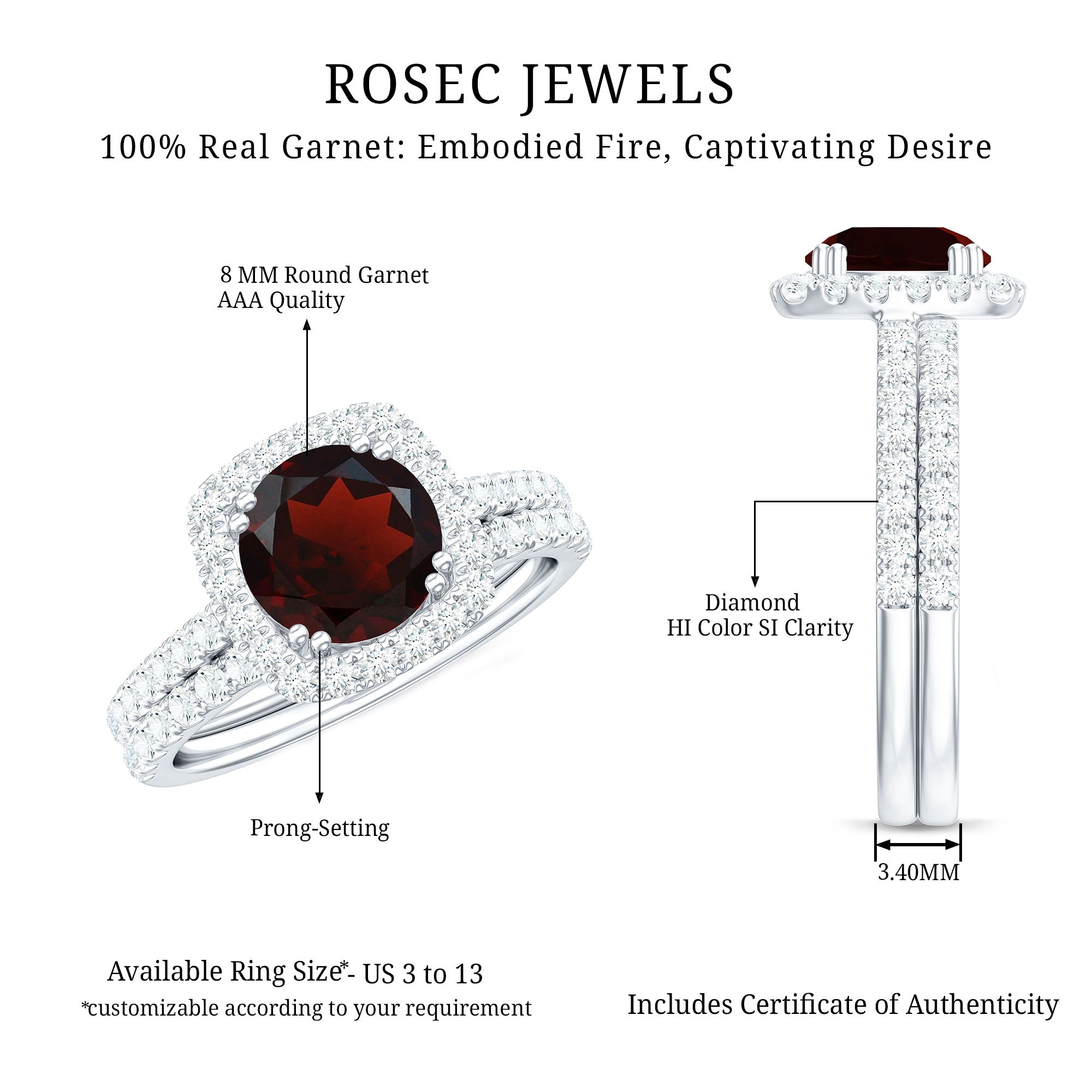 Natural Garnet Diamond Engagement Ring with Wedding Band AAA - Rosec Jewels