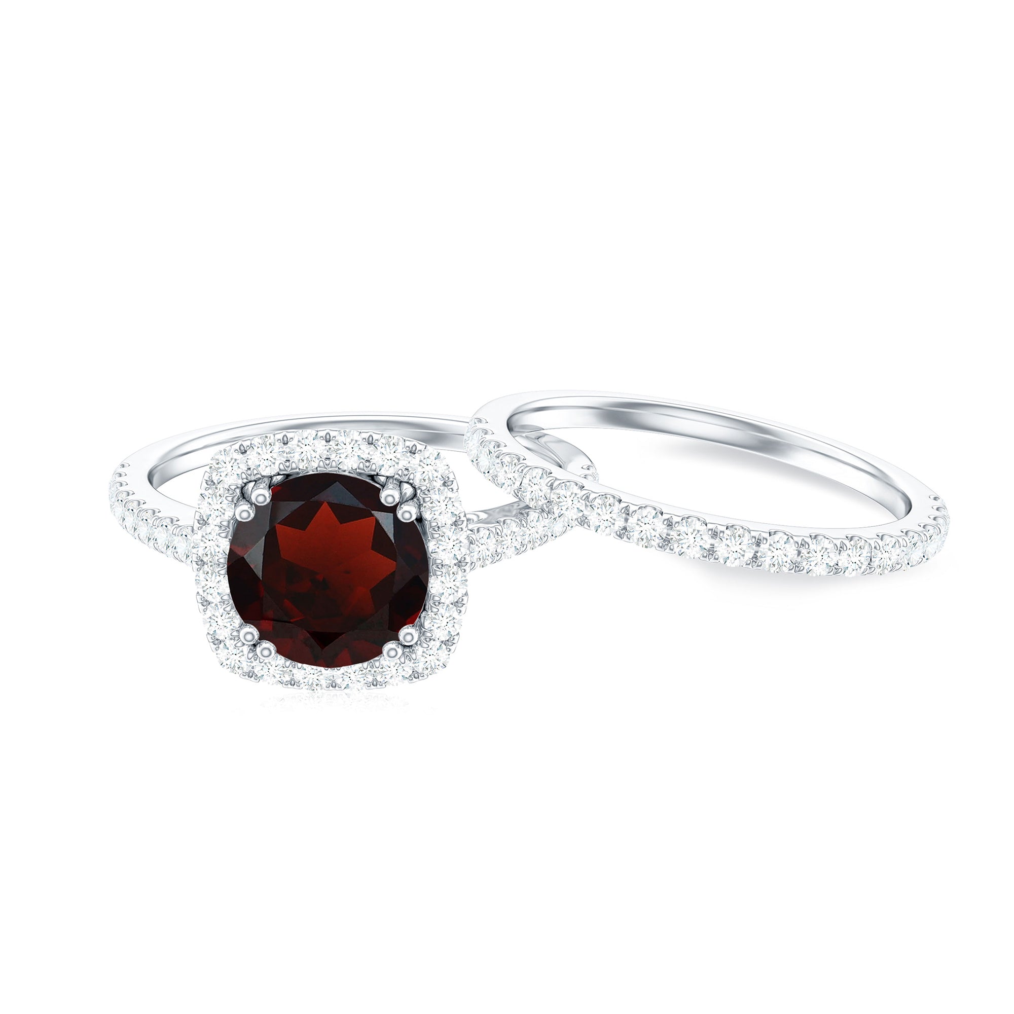 Natural Garnet Diamond Engagement Ring with Wedding Band AAA - Rosec Jewels