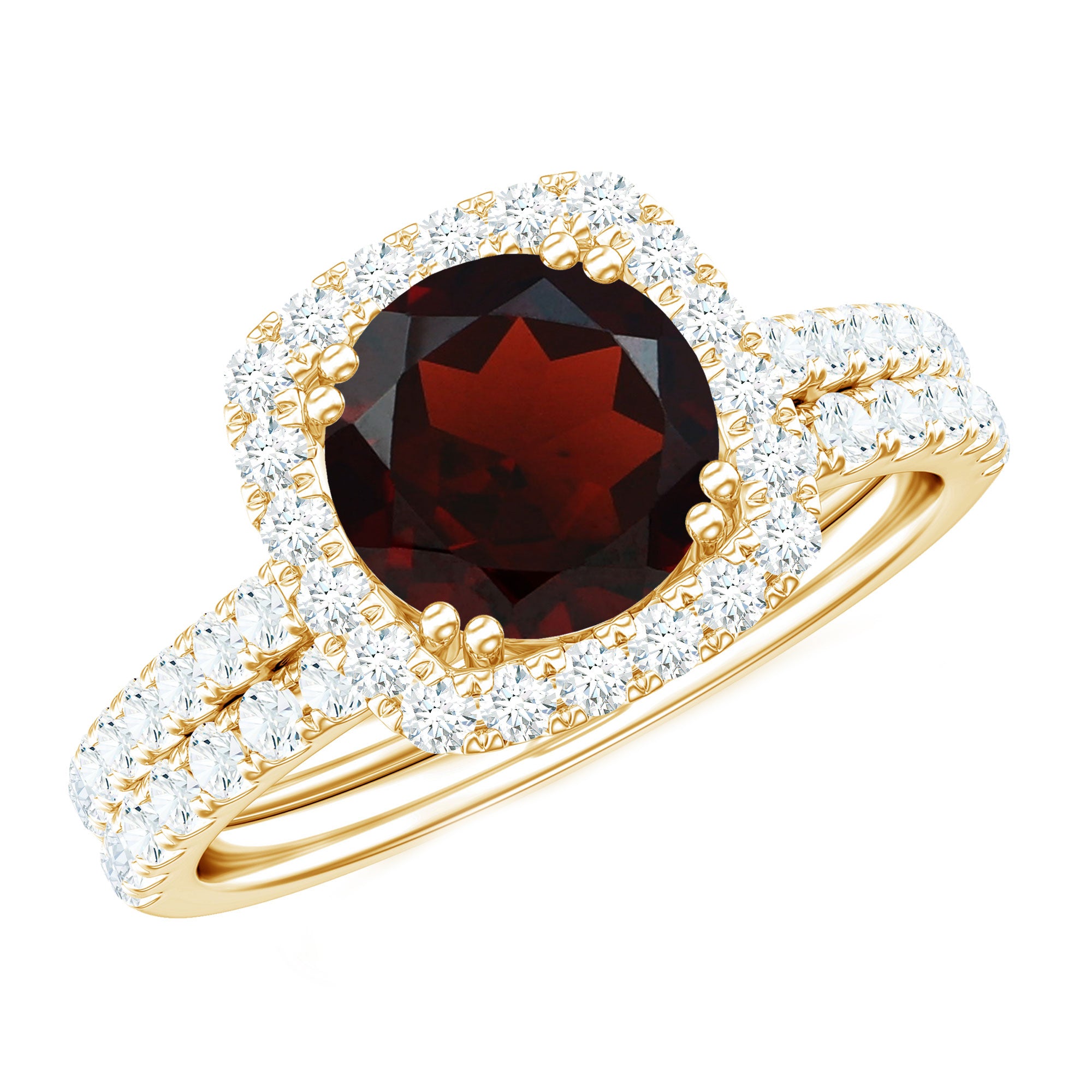 Natural Garnet Diamond Engagement Ring with Wedding Band AAA - Rosec Jewels