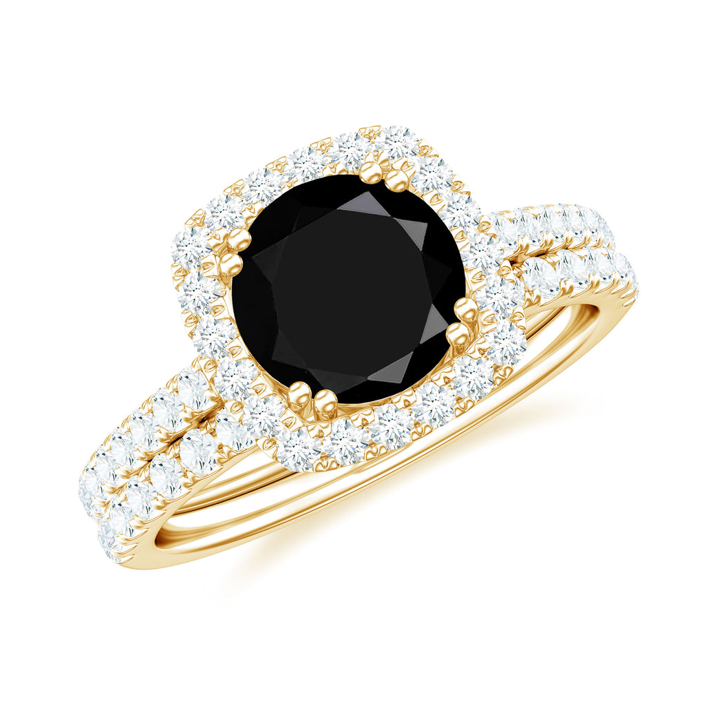 Round Black Spinel Classic Ring Set with Moissanite Black Spinel - ( AAA ) - Quality - Rosec Jewels