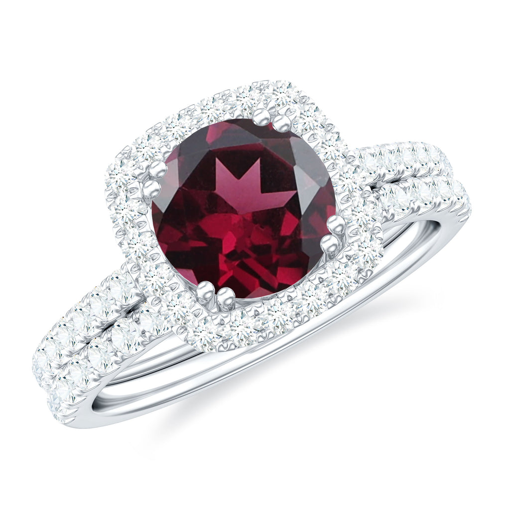 Round Rhodolite Classic Halo Ring Set with Moissanite Rhodolite - ( AAA ) - Quality - Rosec Jewels