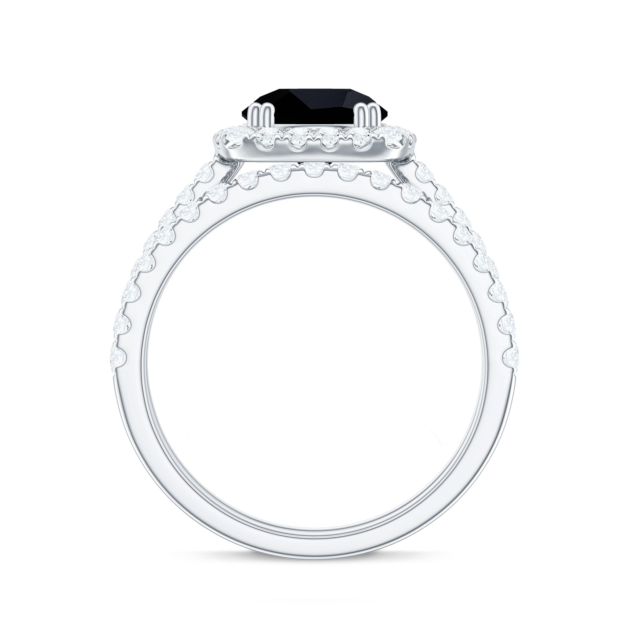 Round Black Onyx Classic Halo Ring Set with Moissanite Black Onyx - ( AAA ) - Quality - Rosec Jewels