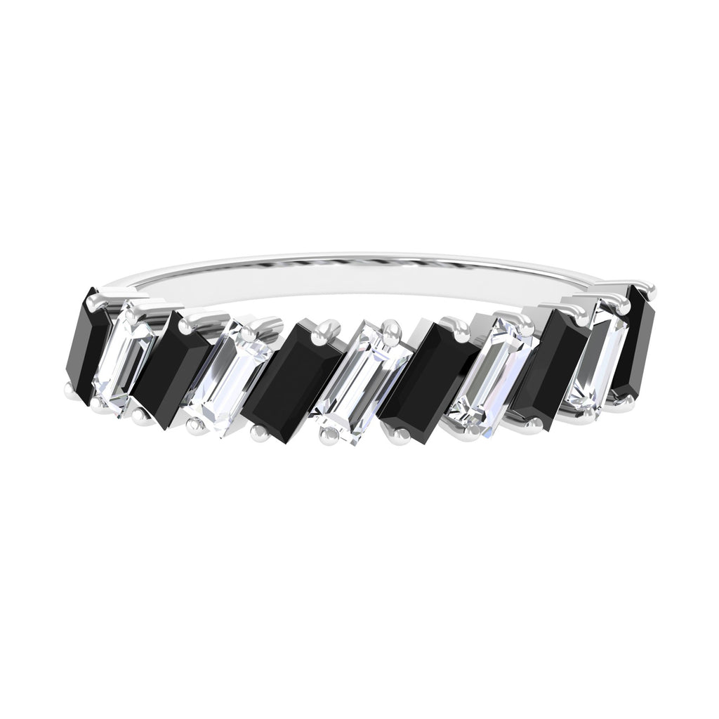 Tilted Baguette Shape Black Onyx and Moissanite Half Eternity Ring Black Onyx - ( AAA ) - Quality 10K White Gold - Rosec Jewels