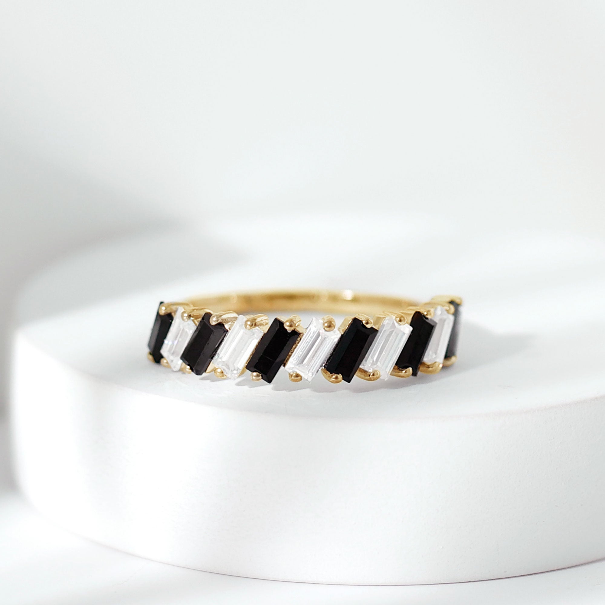 Tilted Baguette Shape Black Onyx and Moissanite Half Eternity Ring Black Onyx - ( AAA ) - Quality 10K Yellow Gold - Rosec Jewels