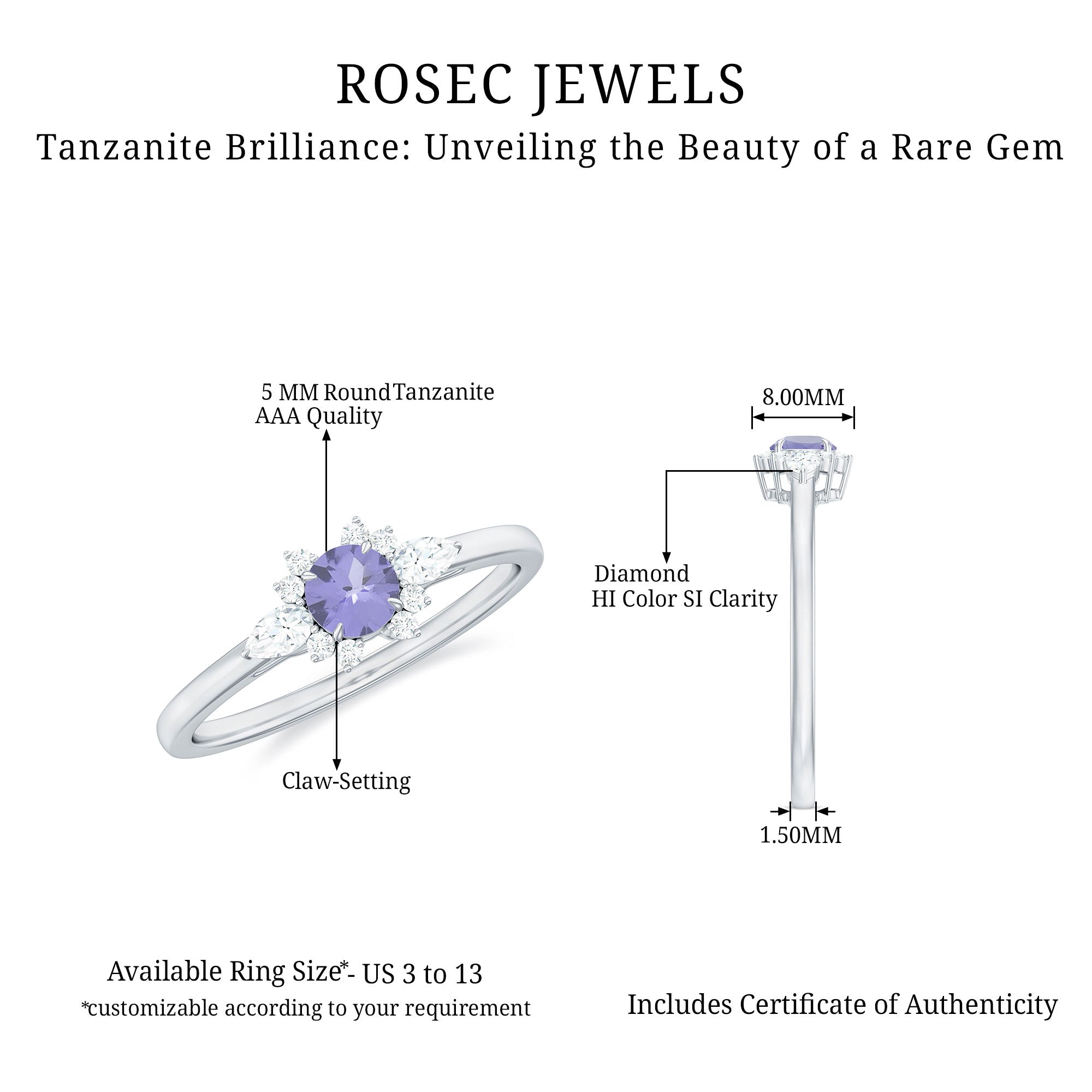 Real Tanzanite Promise Ring with Diamond AAA - Rosec Jewels