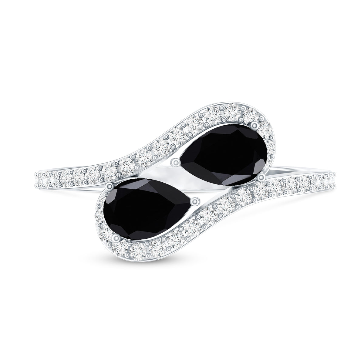 Pear Cut Black Onyx Two Stone Engagement Ring with Diamond AAA - Rosec Jewels