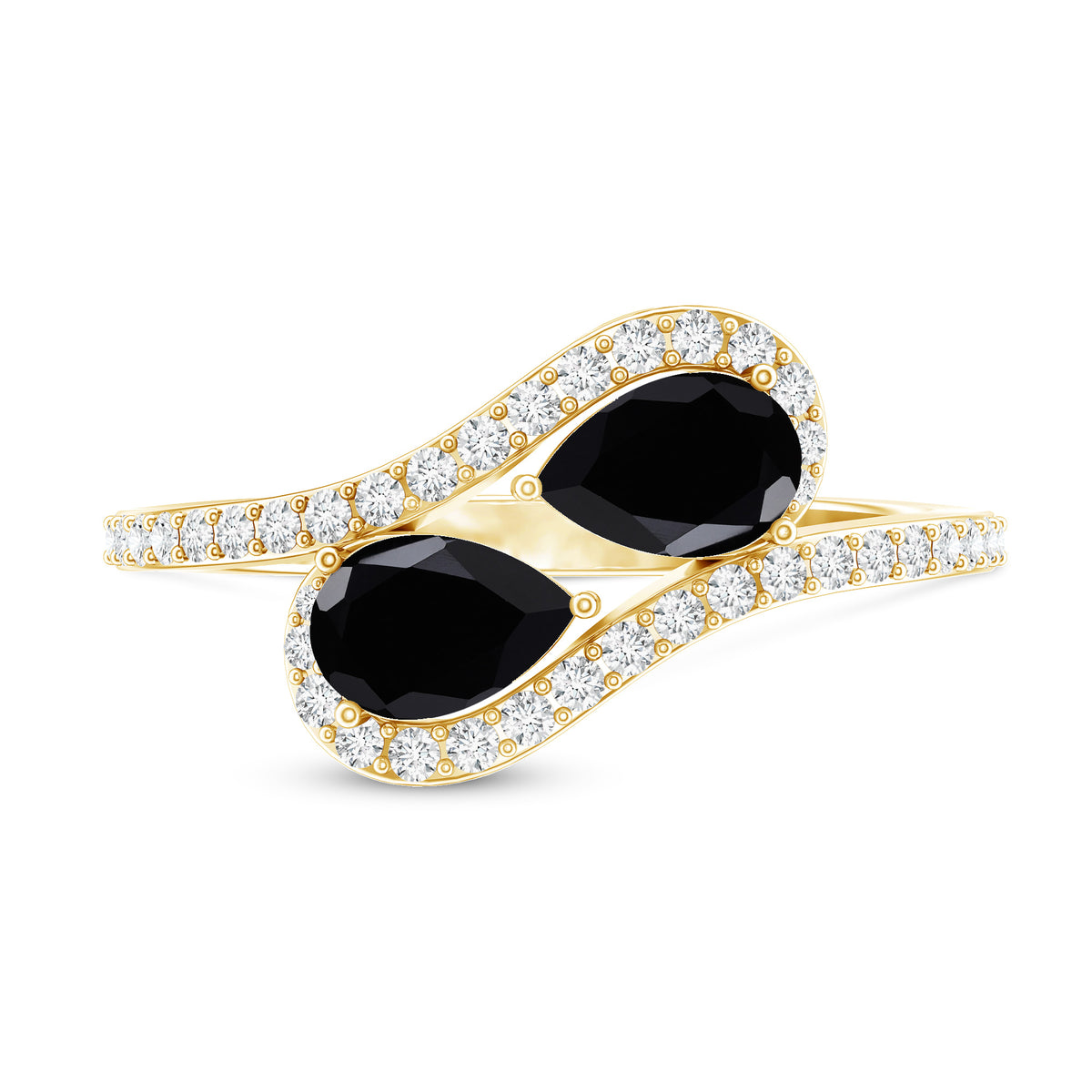Pear Cut Black Onyx Two Stone Engagement Ring with Diamond AAA - Rosec Jewels