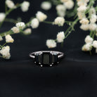 Emerald Cut Black Onyx Three Stone Engagement Ring AAA - Rosec Jewels