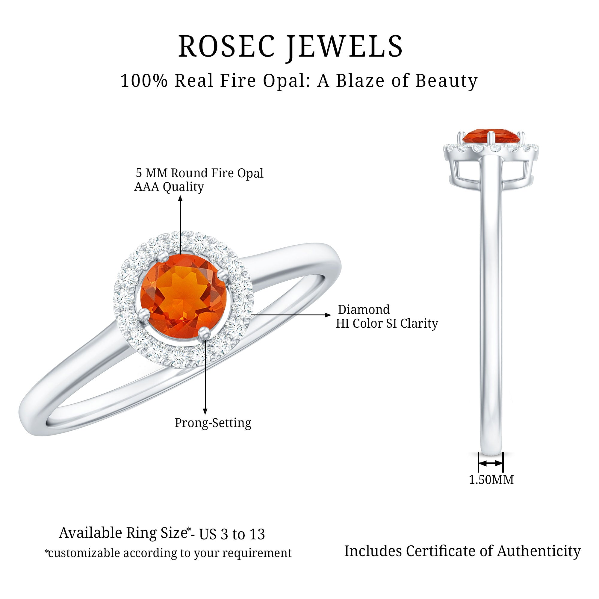 Rosec Jewels-Natural Fire Opal Promise Ring with Diamond Halo