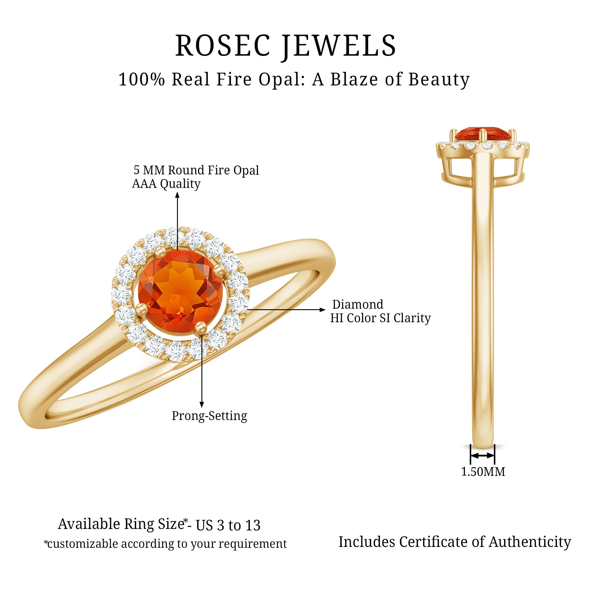 Rosec Jewels-Natural Fire Opal Promise Ring with Diamond Halo