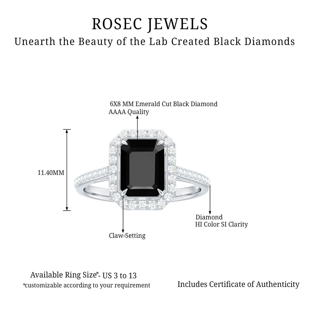 Emerald Cut Created Black Diamond Classic Halo Engagement Ring with Diamond Lab Created Black Diamond - ( AAAA ) - Quality - Rosec Jewels