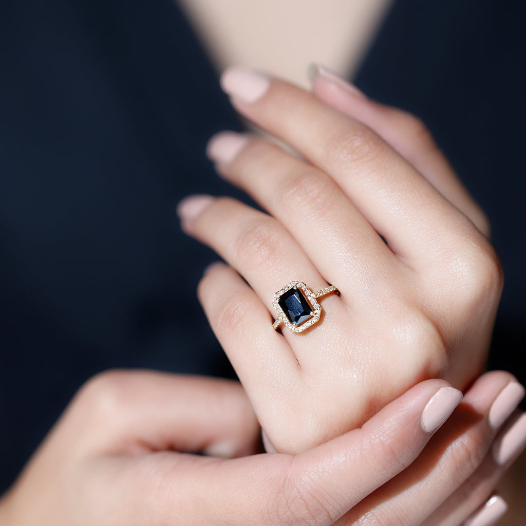 Emerald Cut Created Black Diamond Classic Halo Engagement Ring with Diamond Lab Created Black Diamond - ( AAAA ) - Quality - Rosec Jewels