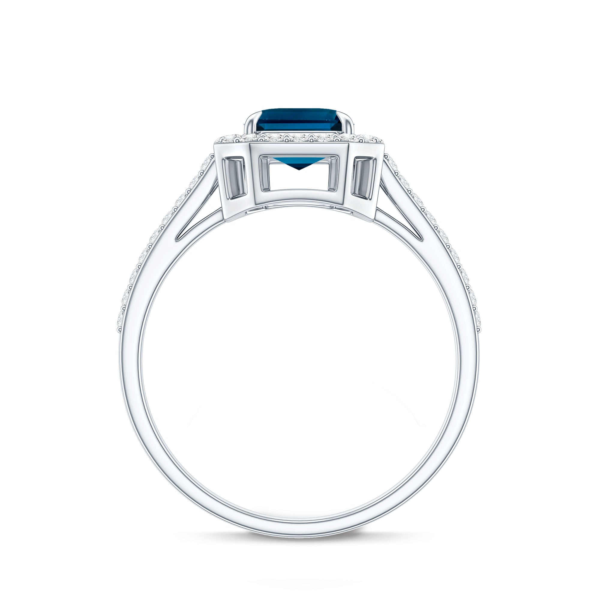 Emerald Cut London Blue Topaz Engagement Ring with Diamond Halo AAA - Rosec Jewels