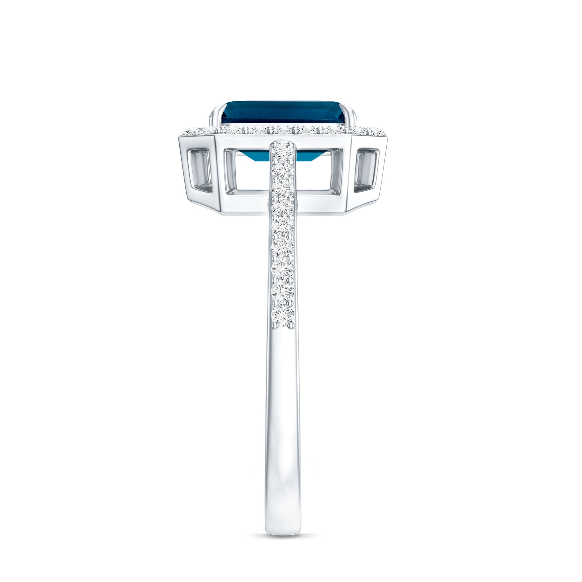 Emerald Cut London Blue Topaz Engagement Ring with Diamond Halo AAA - Rosec Jewels