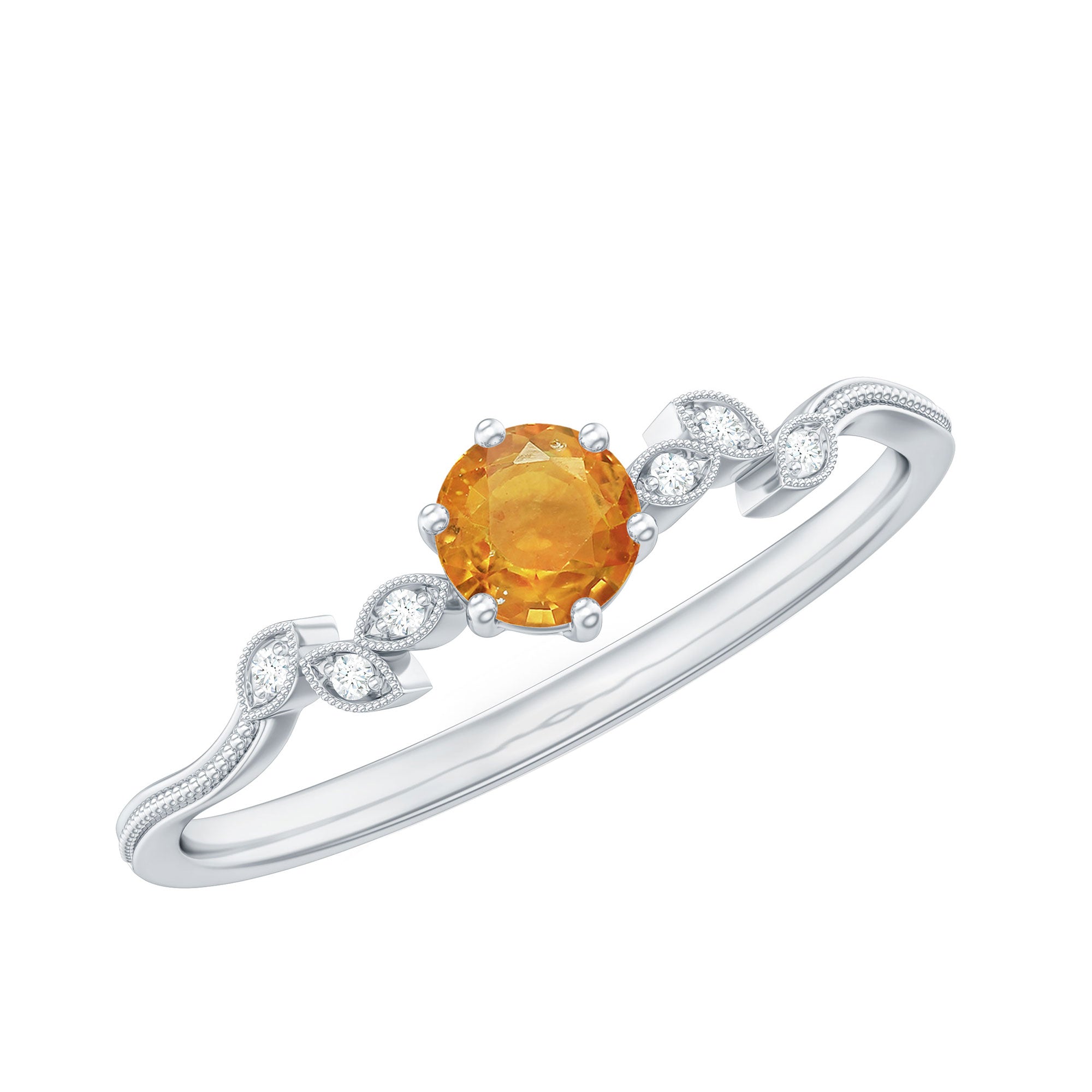 Round Orange Sapphire Minimal Leaf Promise Ring with Diamond