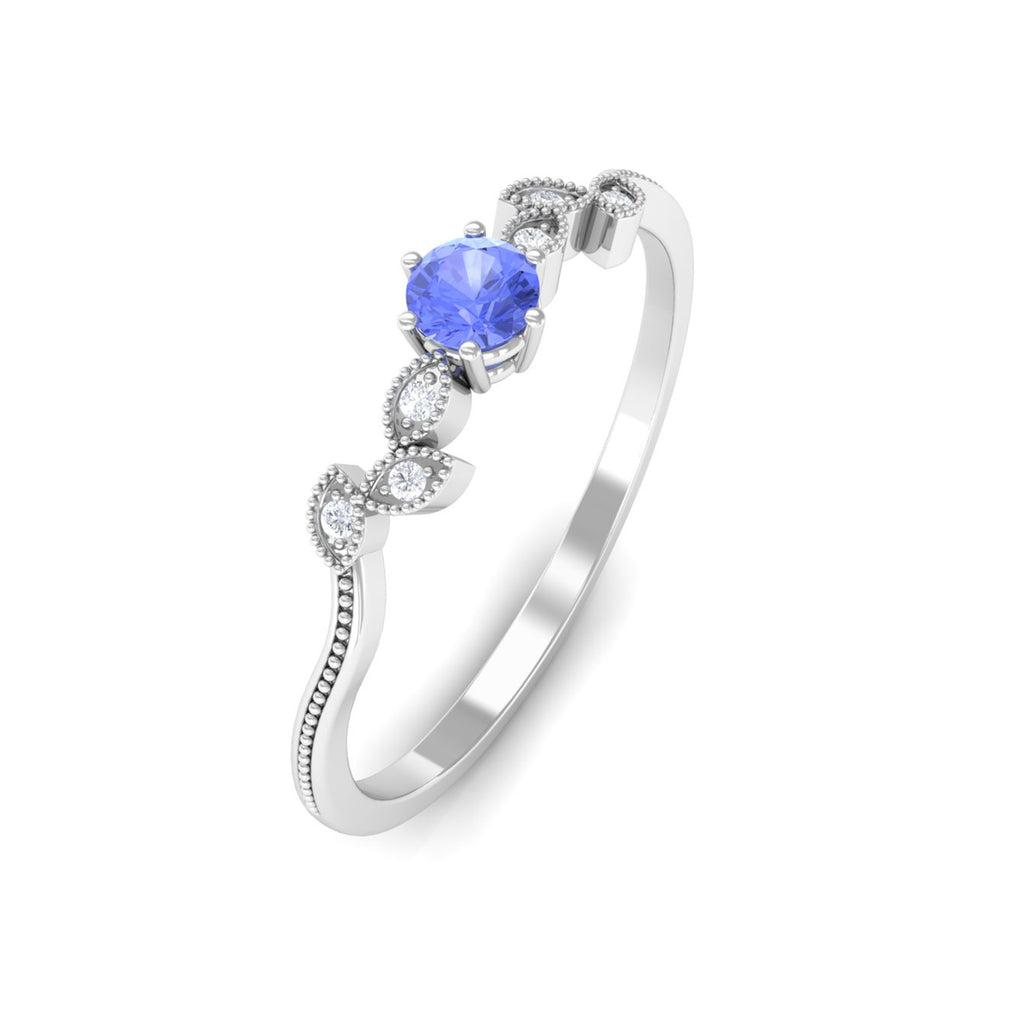 Minimal Leaf Promise Ring with Tanzanite and Diamond Tanzanite - ( AAA ) - Quality - Rosec Jewels