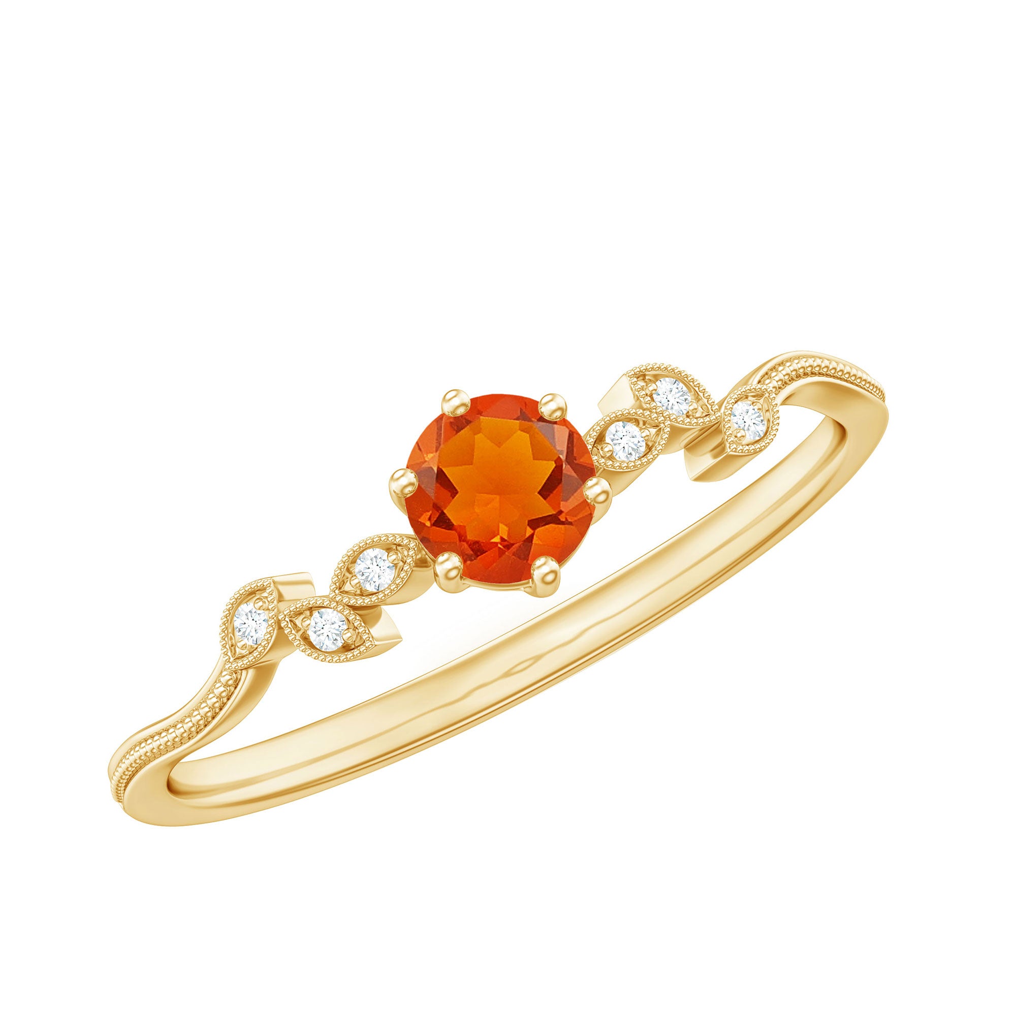 Rosec Jewels-Round Fire Opal Leaf Promise Ring with Diamond