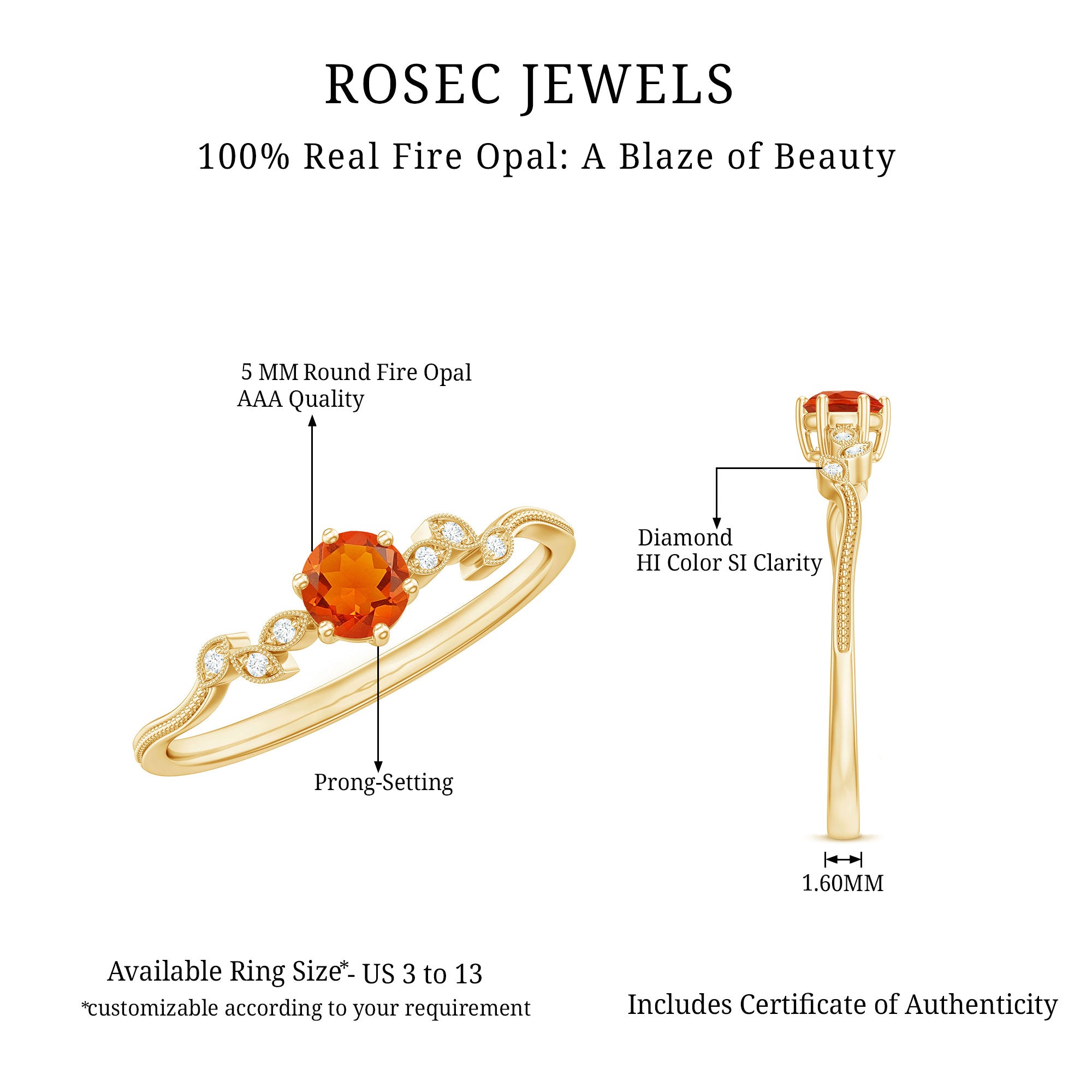 Rosec Jewels-Round Fire Opal Leaf Promise Ring with Diamond
