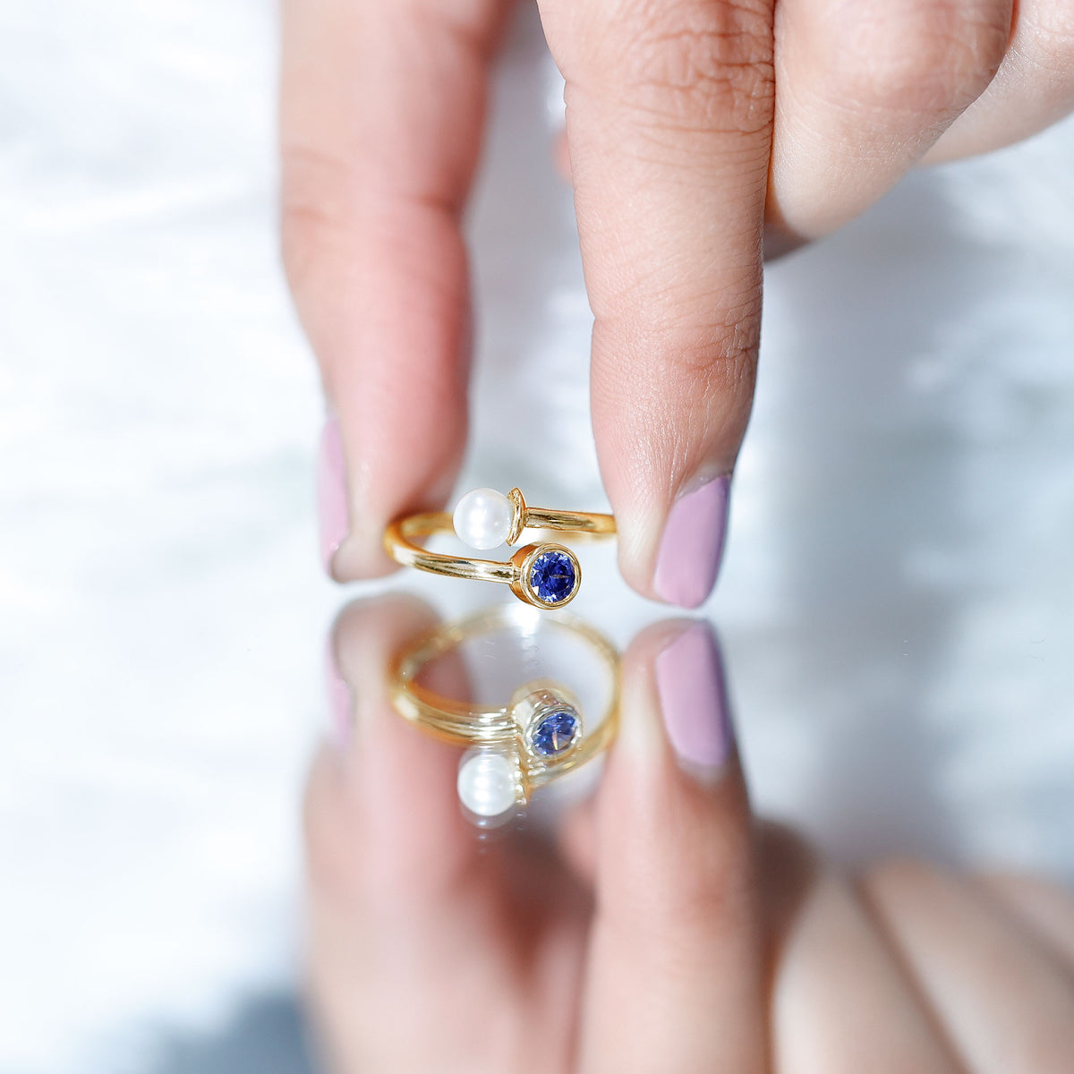 Lab Created Blue Sapphire and Pearl Toi Et Moi Ring AAA - Rosec Jewels