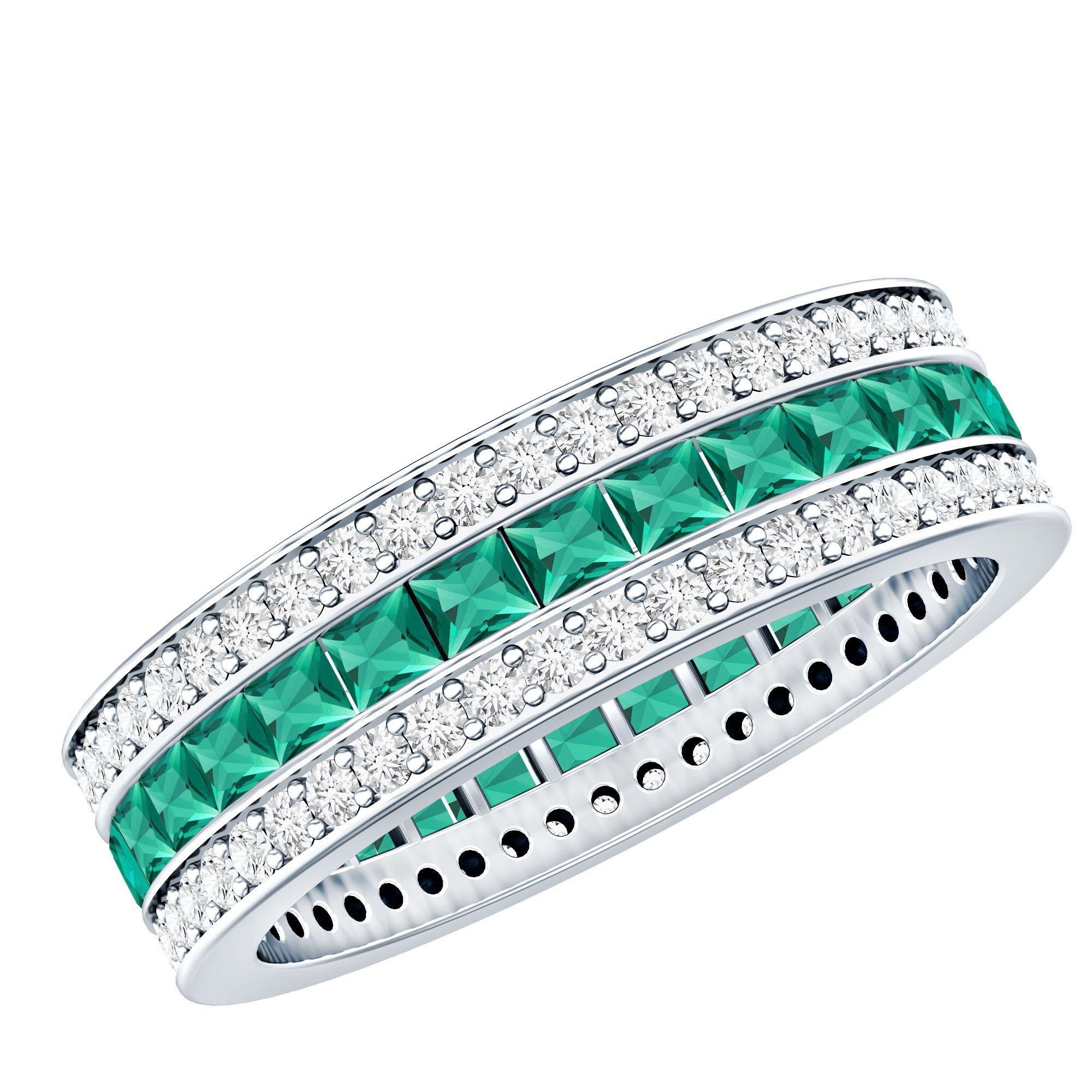 Certified Lab Grown Emerald 3 Row Eternity Wedding Band