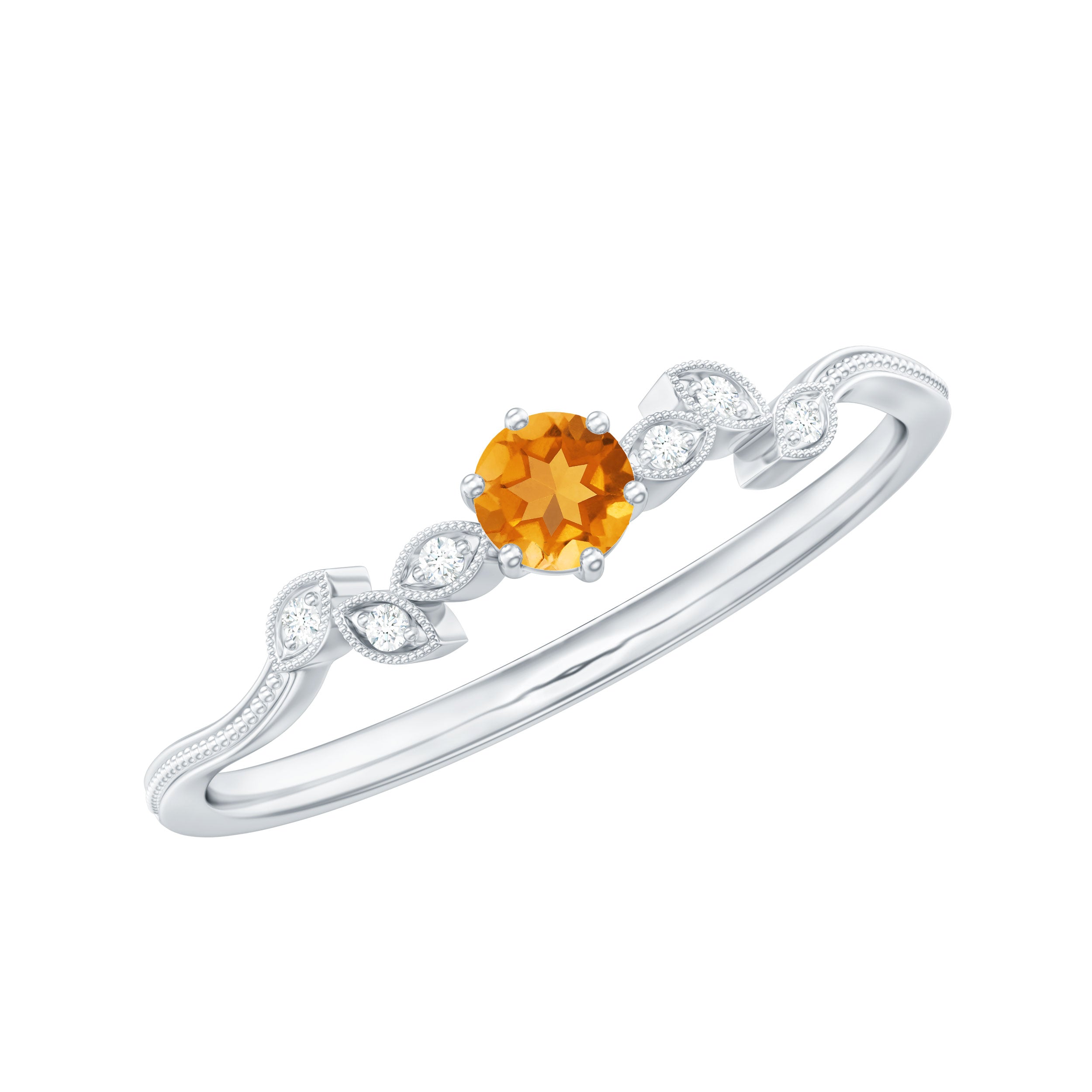 Natural Citrine Solitaire Leaf Inspired Promise Ring with Diamond