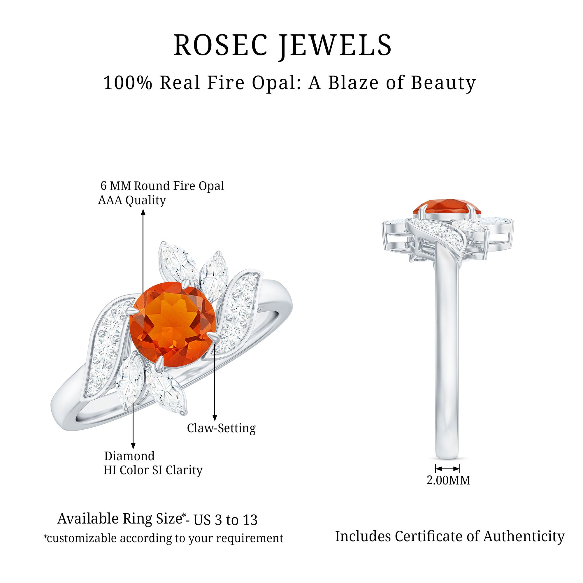 1.25 CT Fire Opal Flower Engagement Ring with Diamond AAA - Rosec Jewels