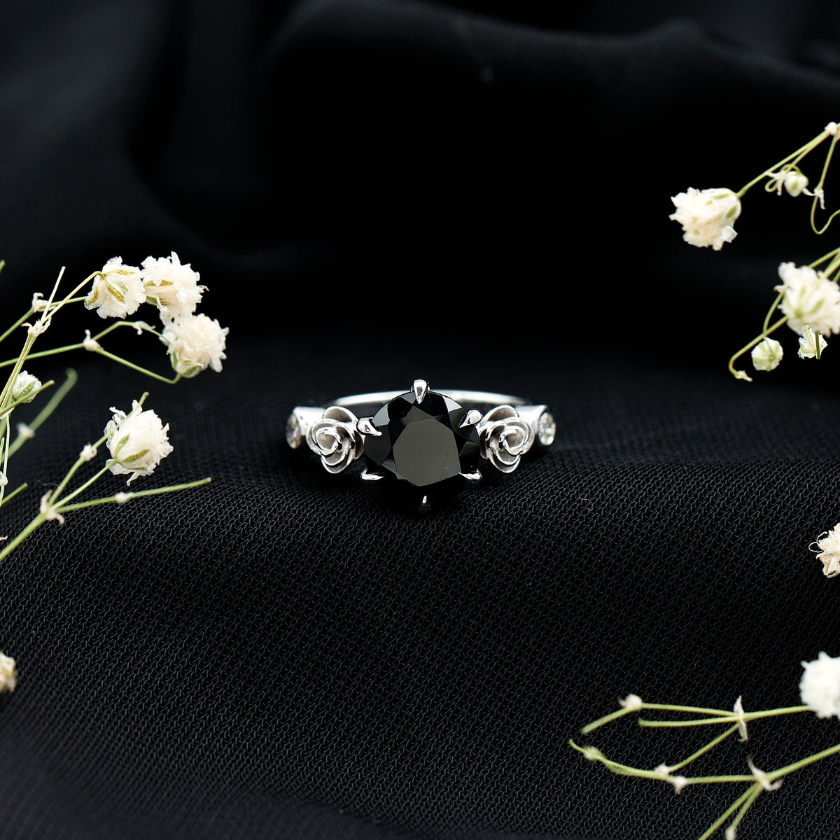 Natural Black Spinel Floral Engagement Ring with Diamond AAA - Rosec Jewels