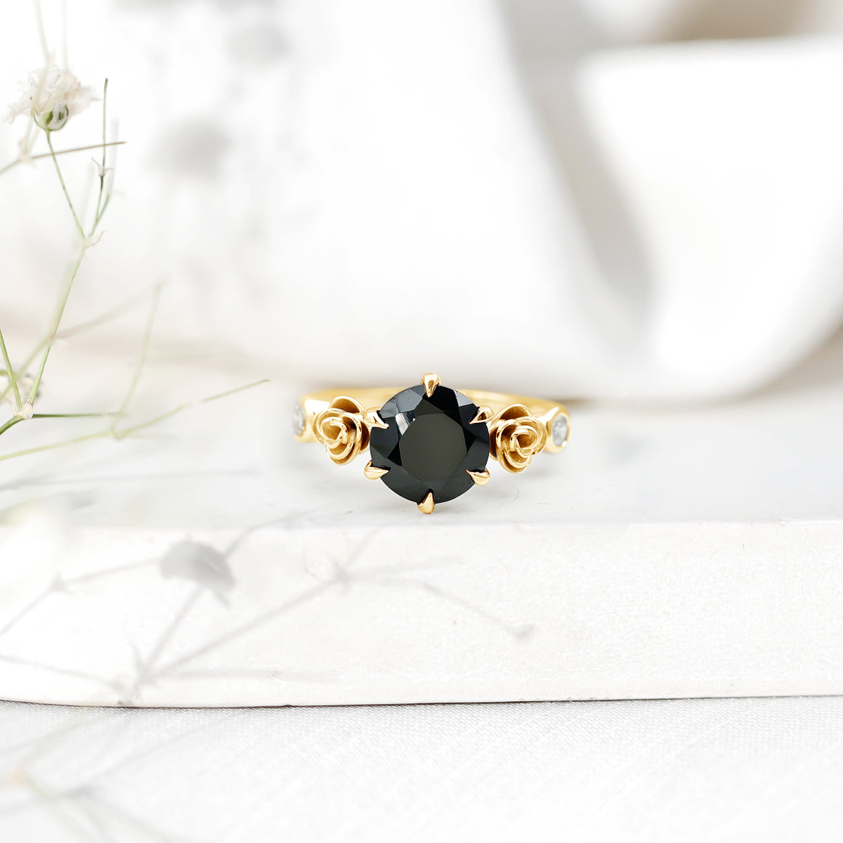 Natural Black Spinel Floral Engagement Ring with Diamond AAA - Rosec Jewels