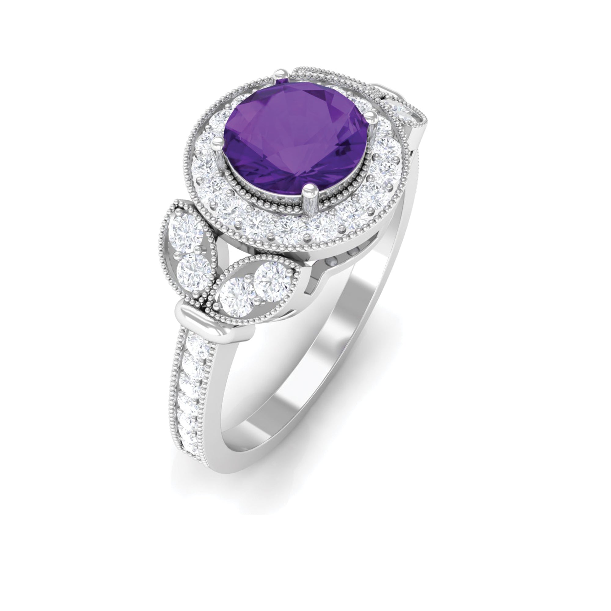 Vintage Looking Amethyst and Diamond Halo Engagement Ring AAA - Rosec Jewels