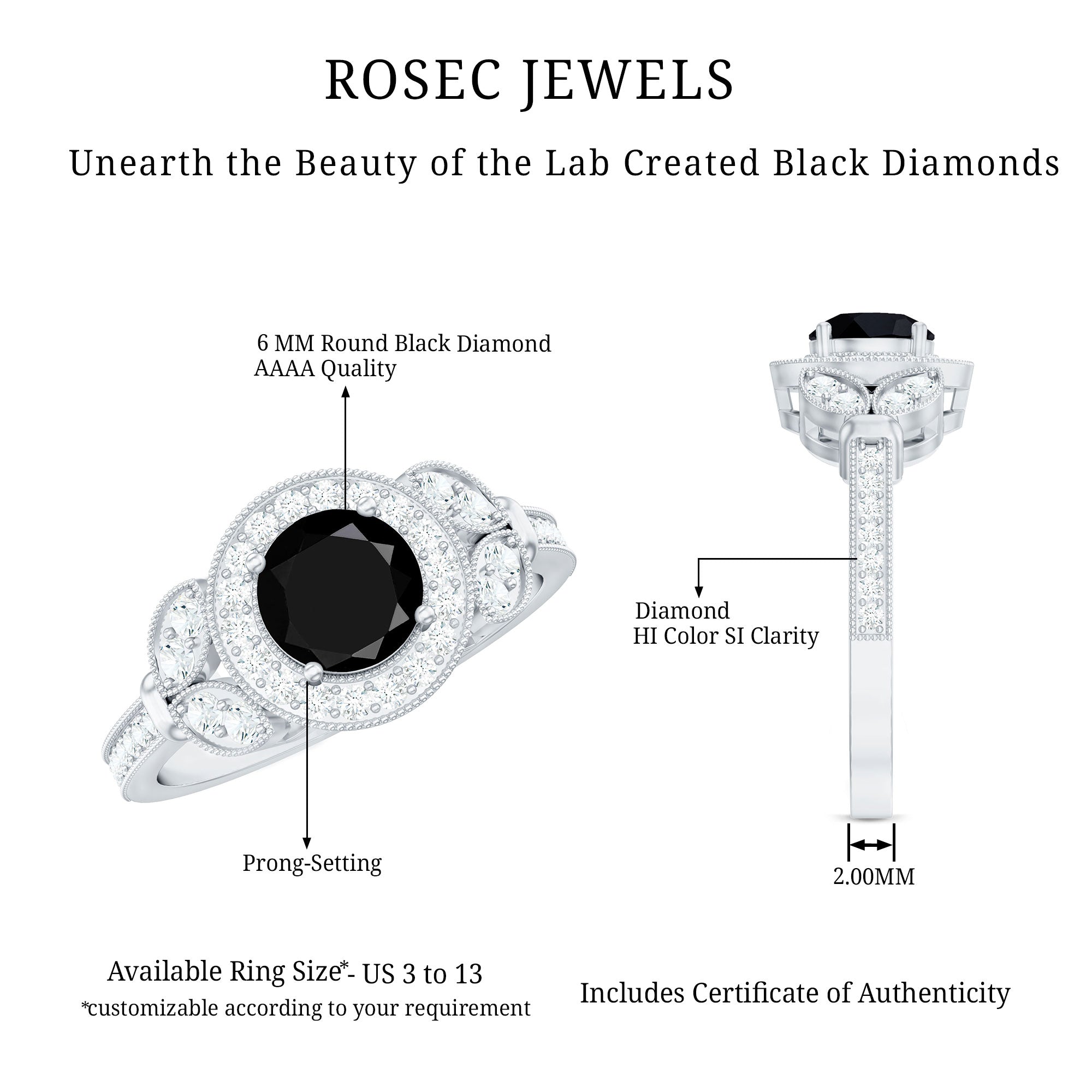 Rosec Jewels-Vintage Looking 1.3 Carat Lab Grown Black Diamond Engagement Ring with White Diamond