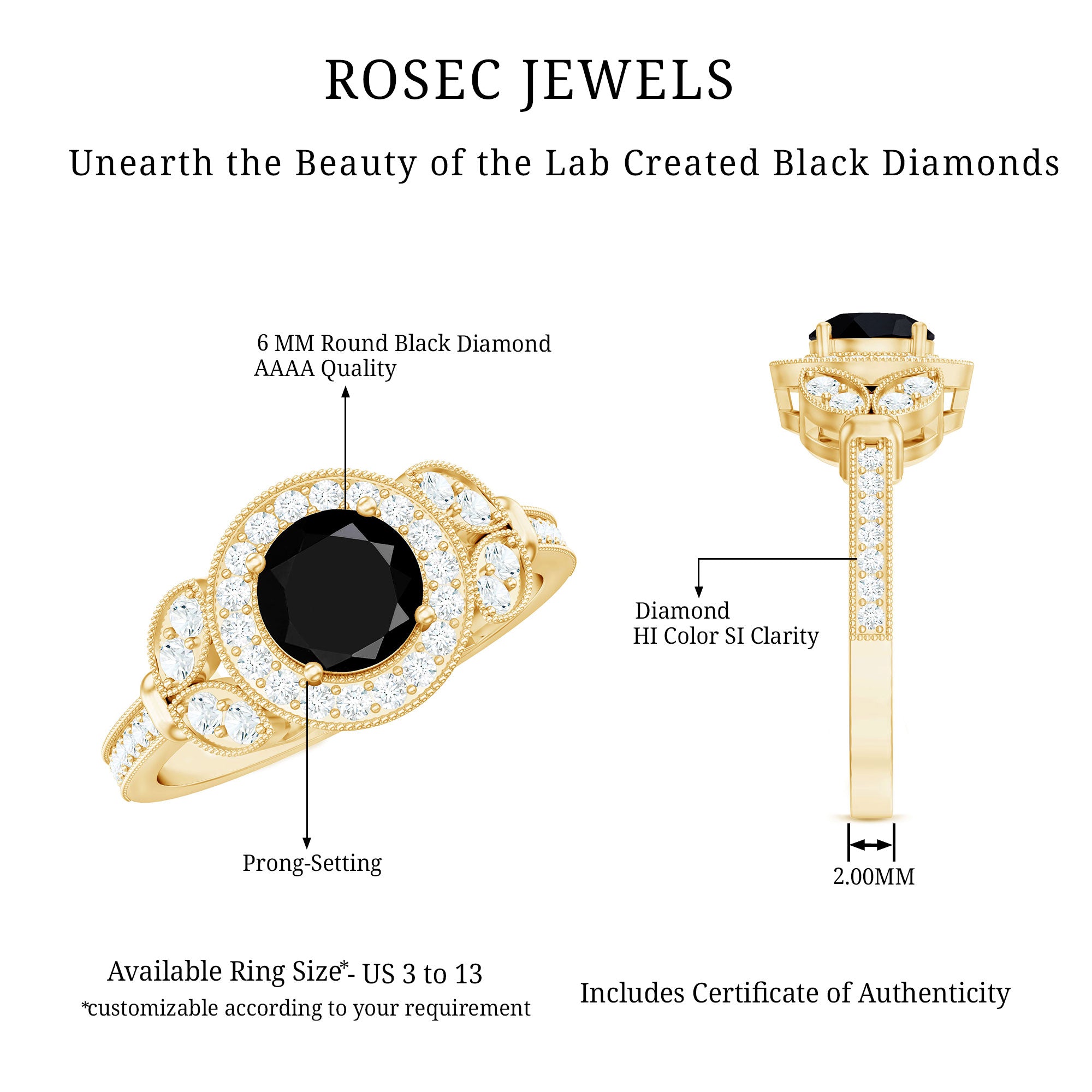 Rosec Jewels-Vintage Looking 1.3 Carat Lab Grown Black Diamond Engagement Ring with White Diamond
