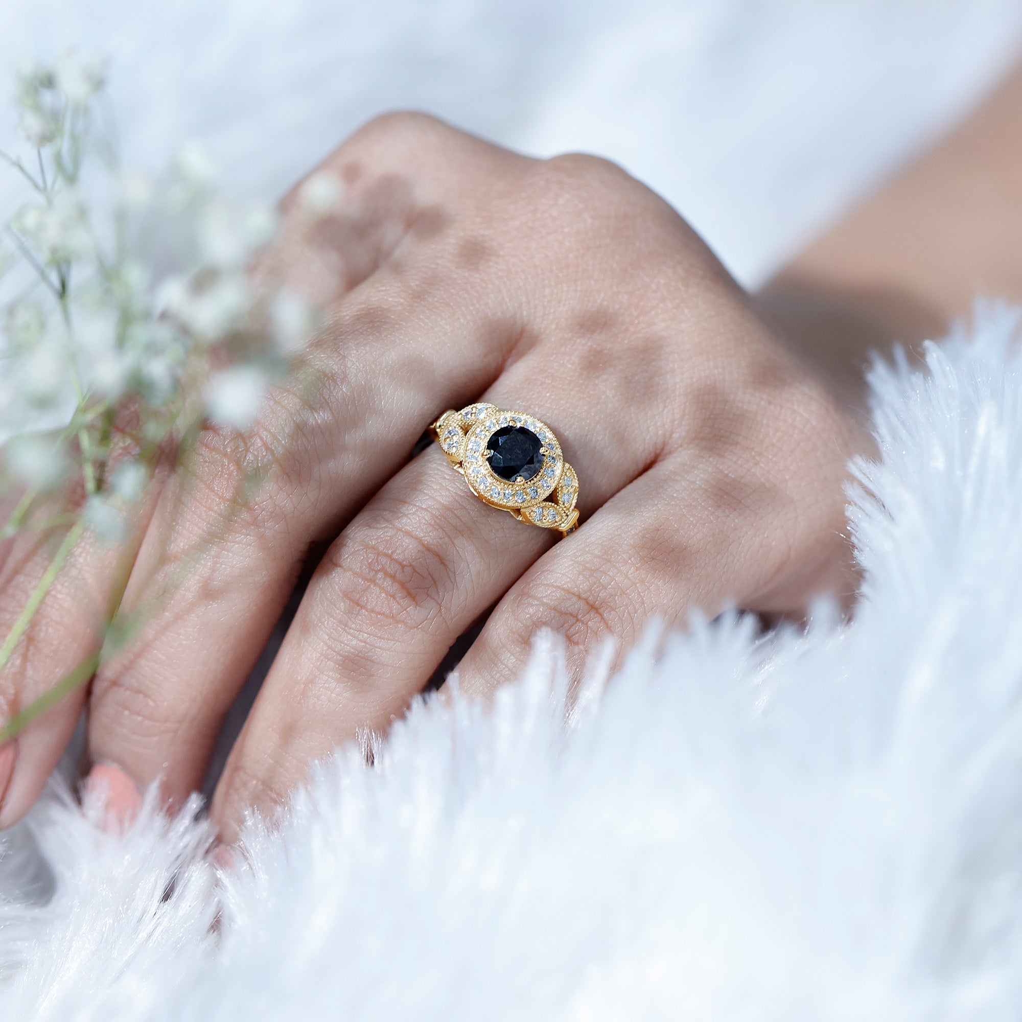 Rosec Jewels-Vintage Looking 1.3 Carat Lab Grown Black Diamond Engagement Ring with White Diamond