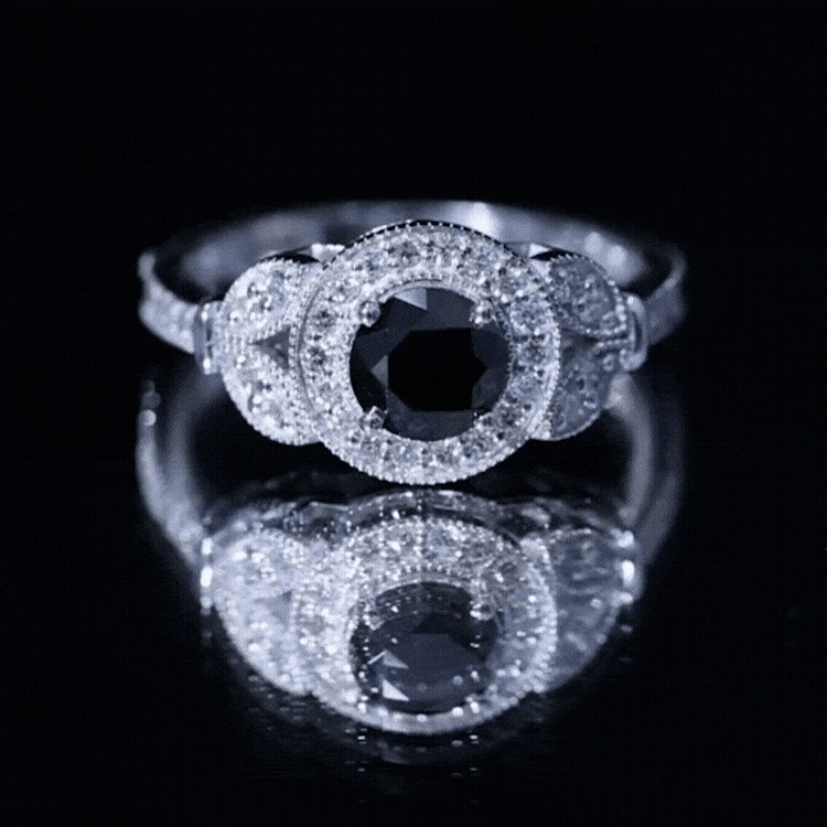 8mm Round Black Onyx Vintage Engagement Ring with Diamond Halo AAA - Rosec Jewels
