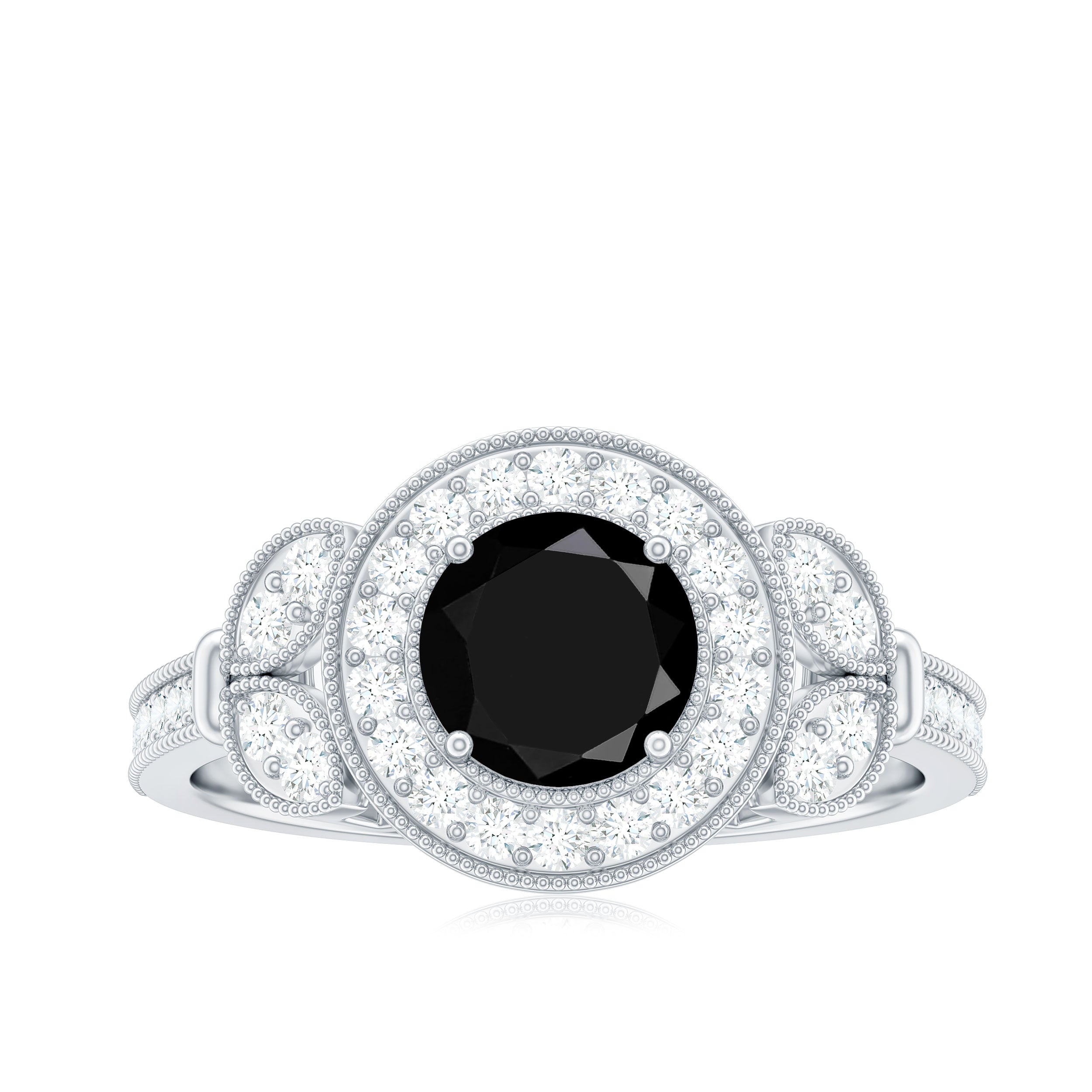 8mm Round Black Onyx Vintage Engagement Ring with Diamond Halo AAA - Rosec Jewels