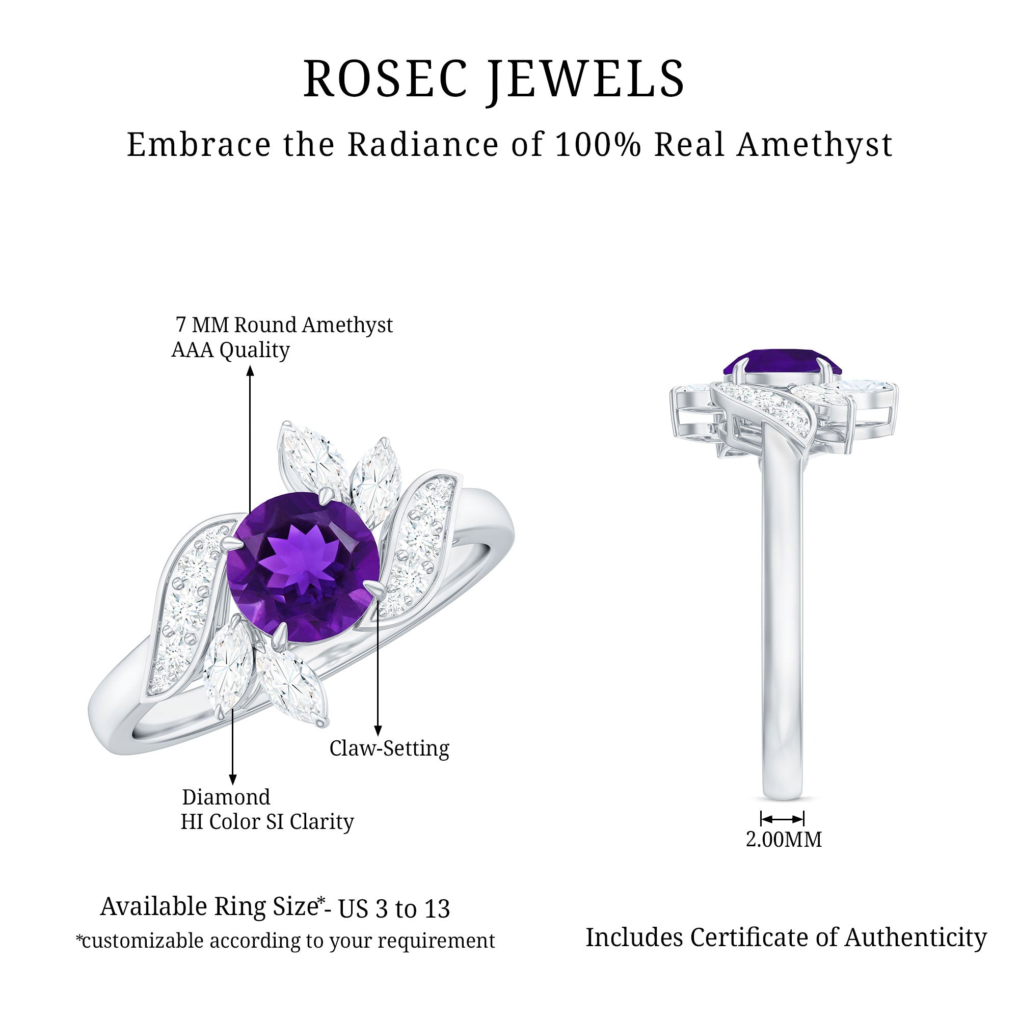 Rosec Jewels-Nature Inspired 1 Carat Amethyst Engagement Ring with Diamond