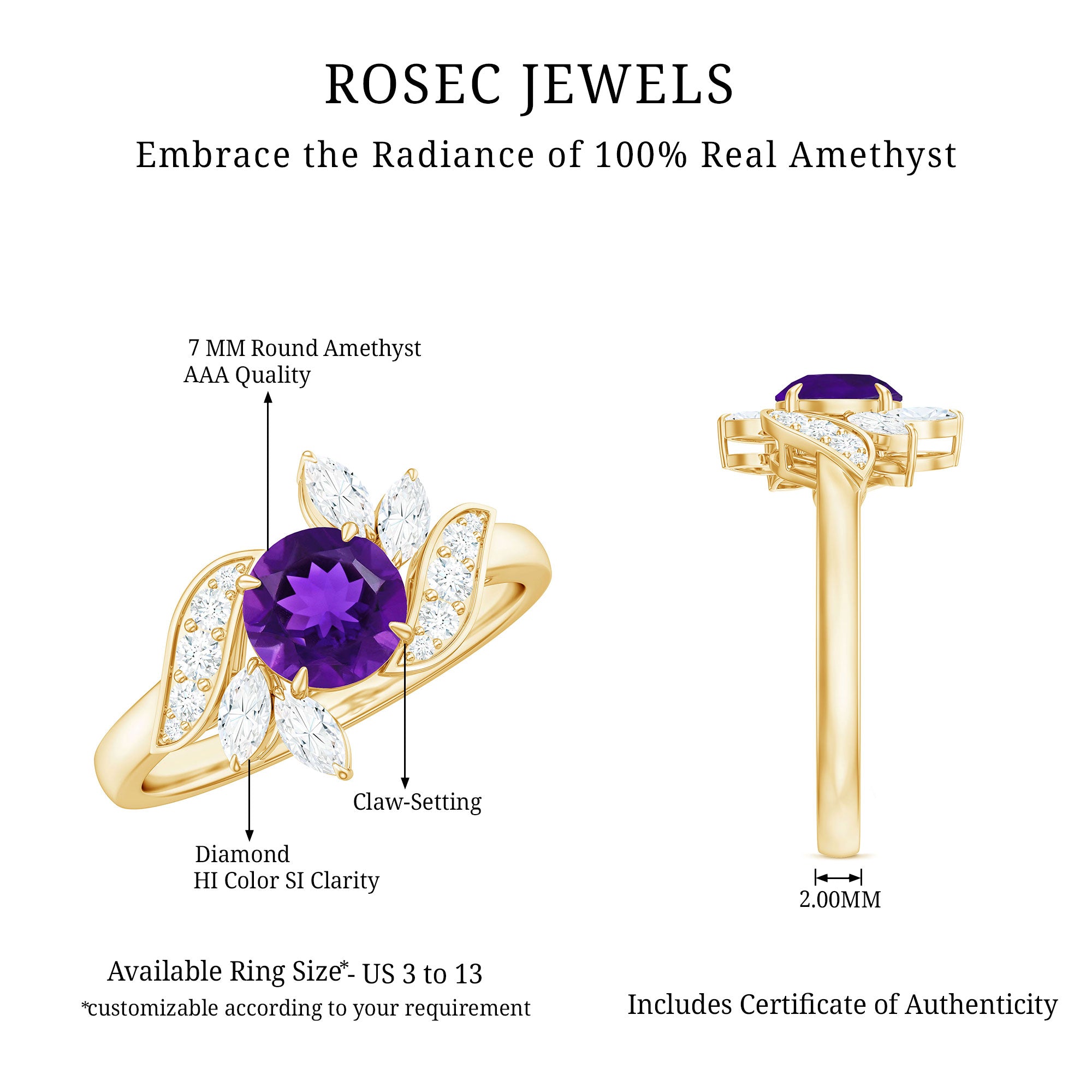 Rosec Jewels-Nature Inspired 1 Carat Amethyst Engagement Ring with Diamond