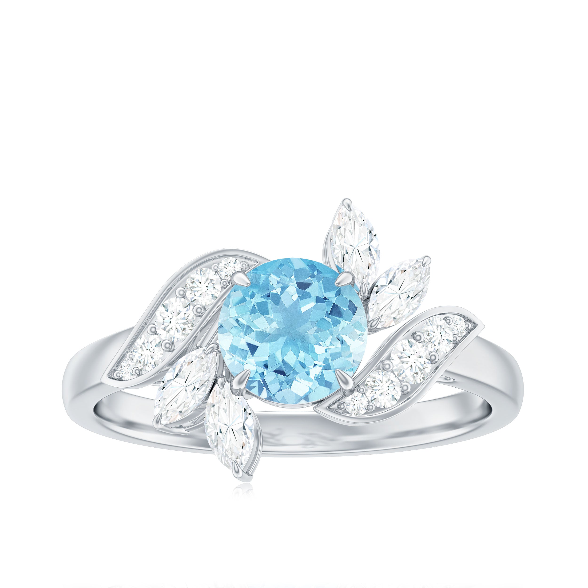 Rosec Jewels-Genuine 0.8 Carat Aquamarine and Diamond Flower Engagement Ring