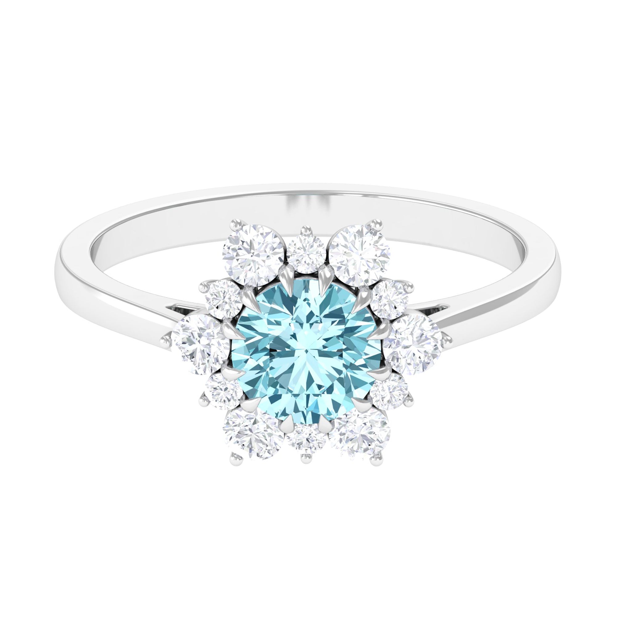 Rosec Jewels-Natural 0.8 CT Aquamarine Statement Engagement Ring with Diamond Halo