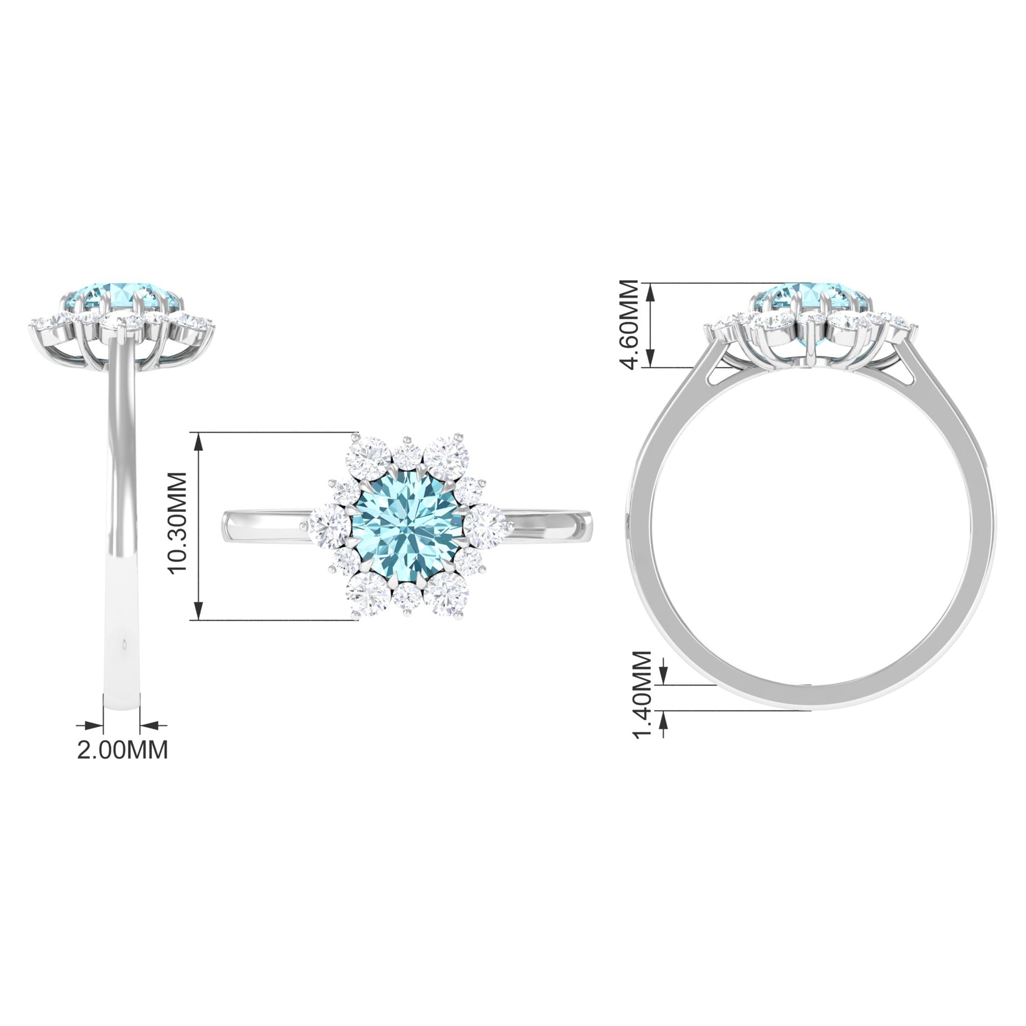 Rosec Jewels-Natural 0.8 CT Aquamarine Statement Engagement Ring with Diamond Halo