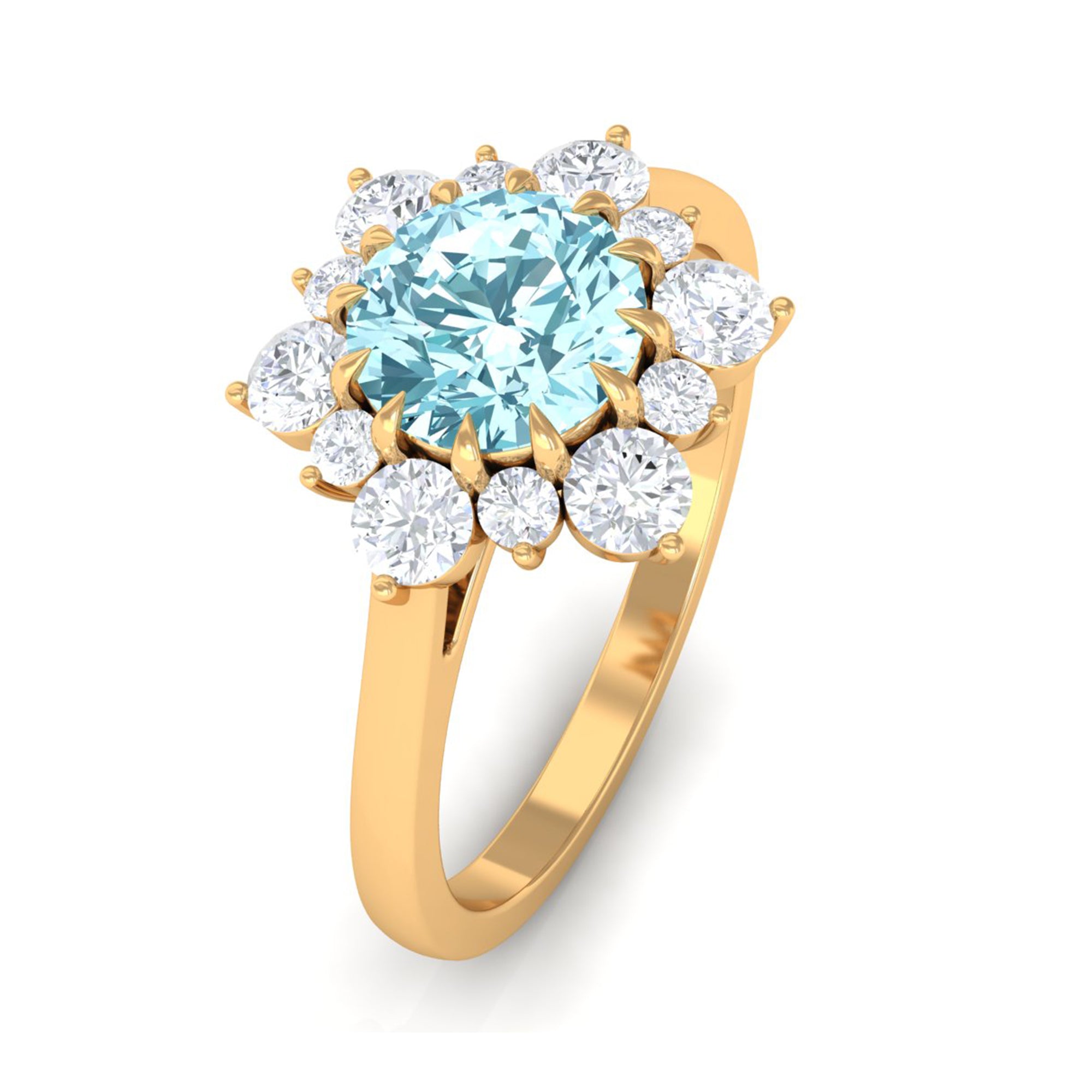 Rosec Jewels-Natural 0.8 CT Aquamarine Statement Engagement Ring with Diamond Halo