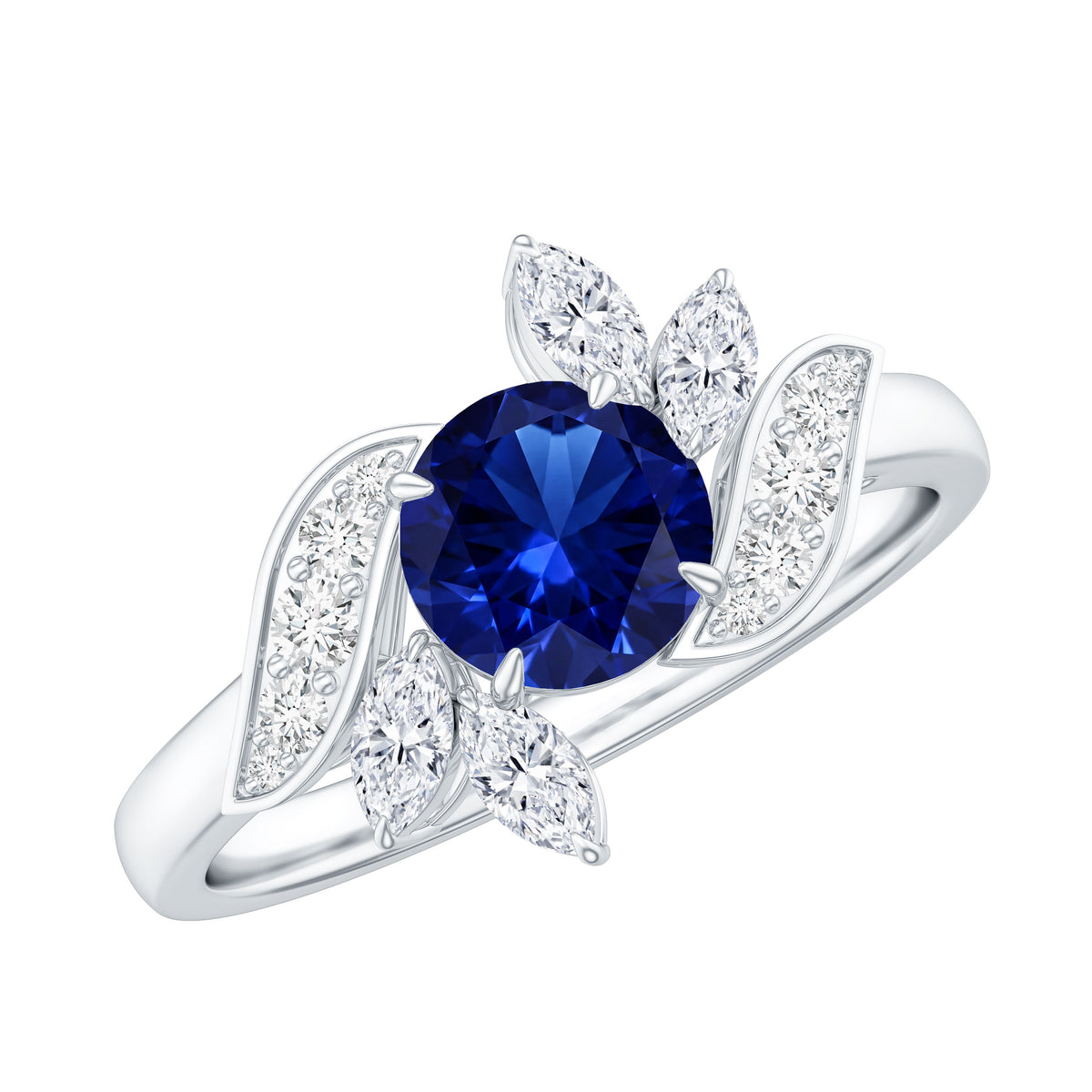 Nature Inspired 1 Carat Lab Grown Blue Sapphire Engagement Ring with Diamond AAAA - Rosec Jewels