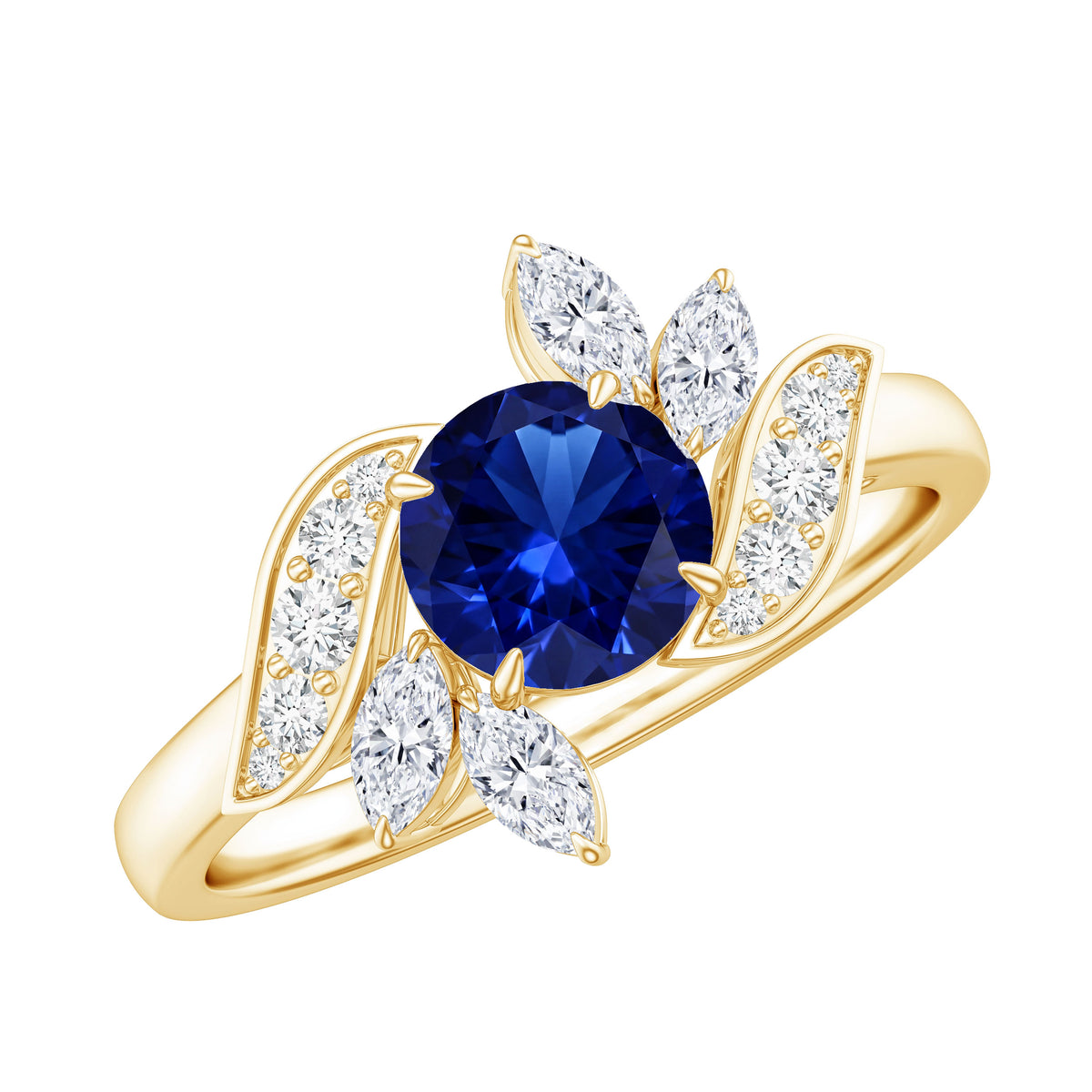 Nature Inspired 1 Carat Lab Grown Blue Sapphire Engagement Ring with Diamond AAAA - Rosec Jewels