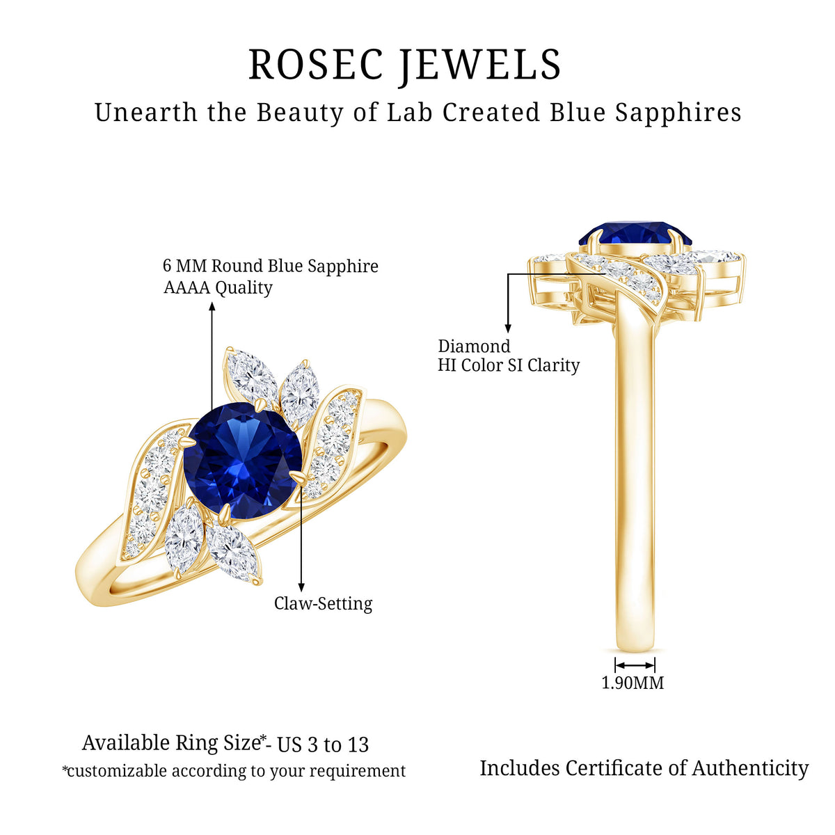 Nature Inspired 1 Carat Lab Grown Blue Sapphire Engagement Ring with Diamond AAAA - Rosec Jewels