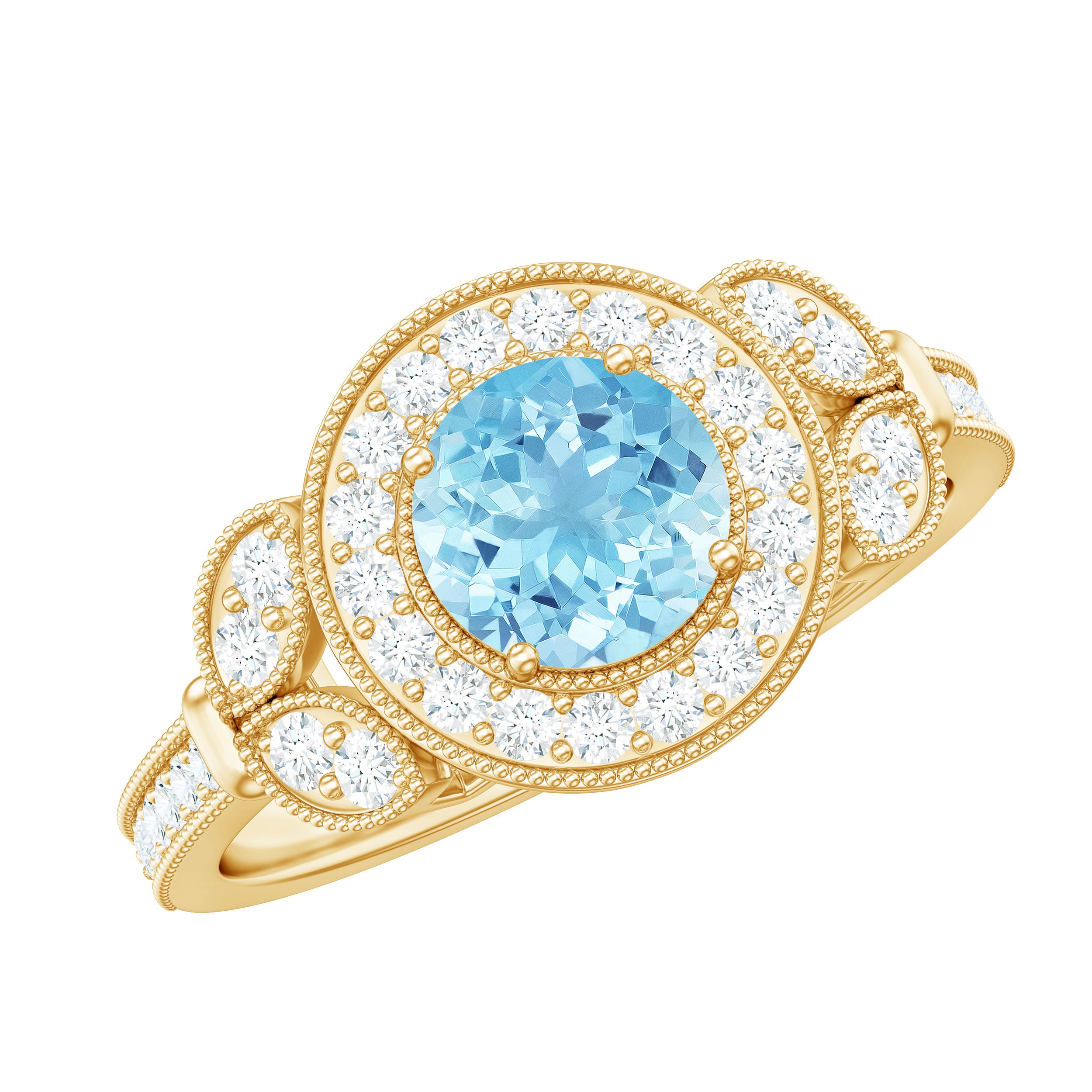 Rosec Jewels-Vintage Inspired Real Aquamarine Engagement Ring with Diamond Halo