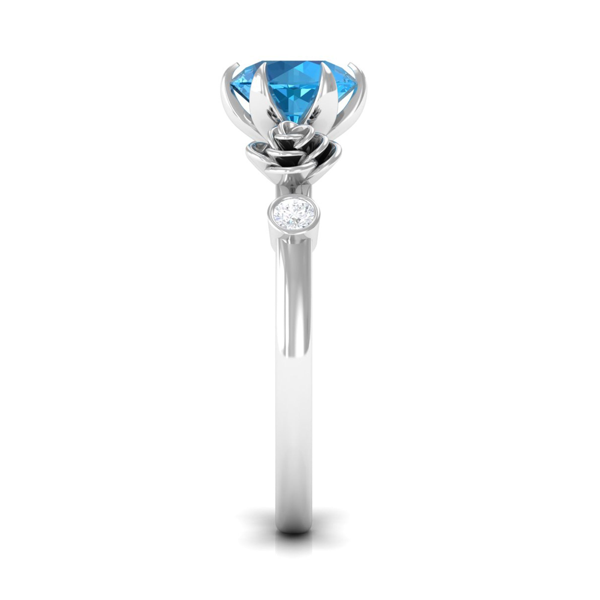 Solitaire Swiss Blue Topaz Flower Ring with Diamond Swiss Blue Topaz - ( AAA ) - Quality - Rosec Jewels