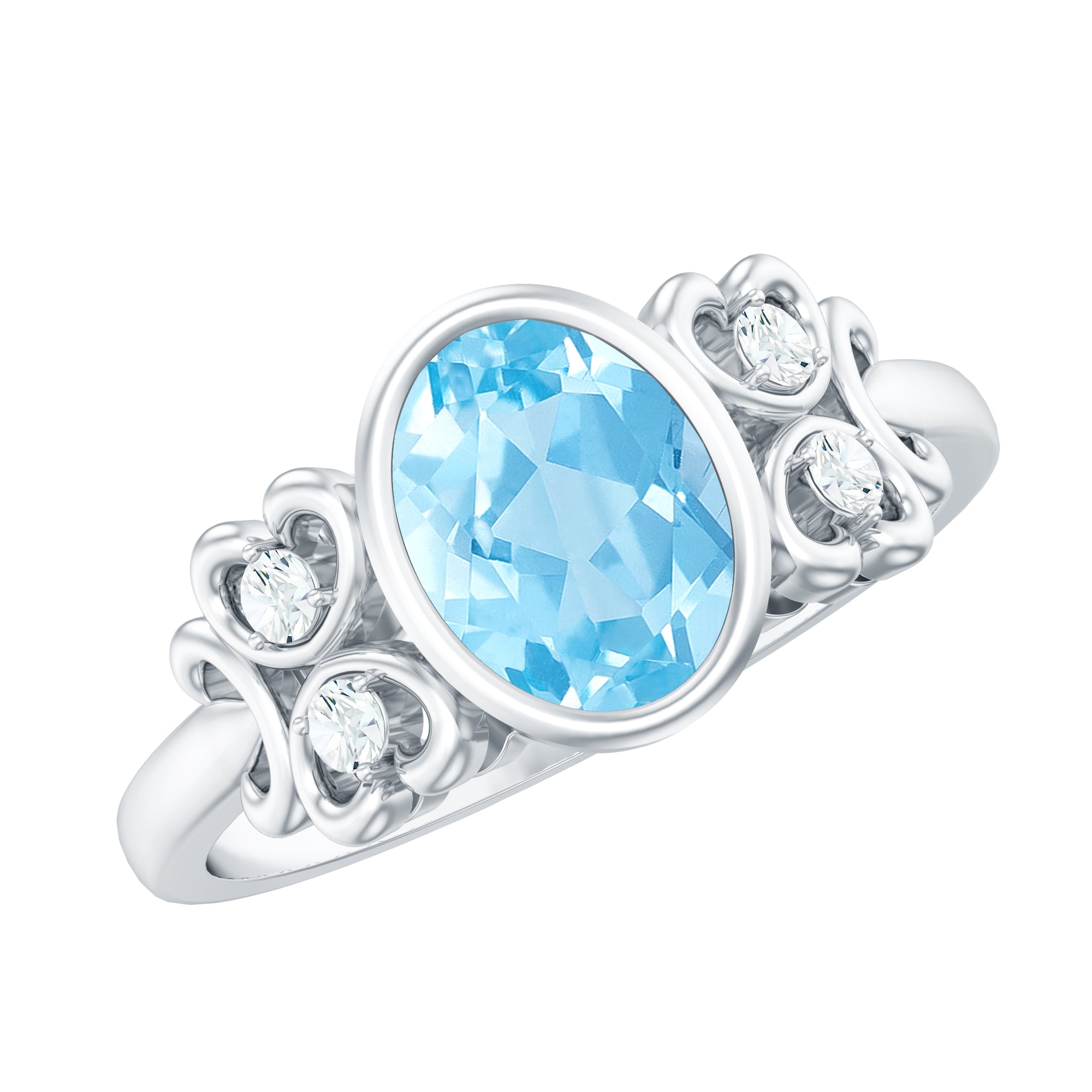 Rosec Jewels-Natural 1 Carat Oval Aquamarine Statement Engagement Ring with Diamond