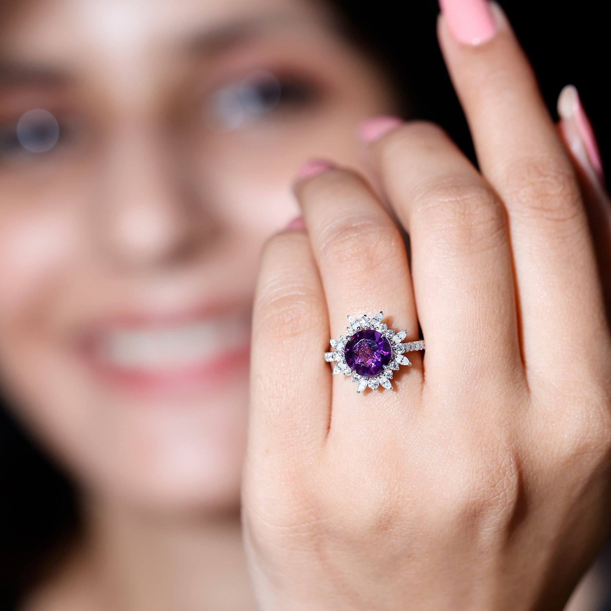 Rosec Jewels-Natural 2 Carat Amethyst Statement Engagement Ring with Moissanite Halo