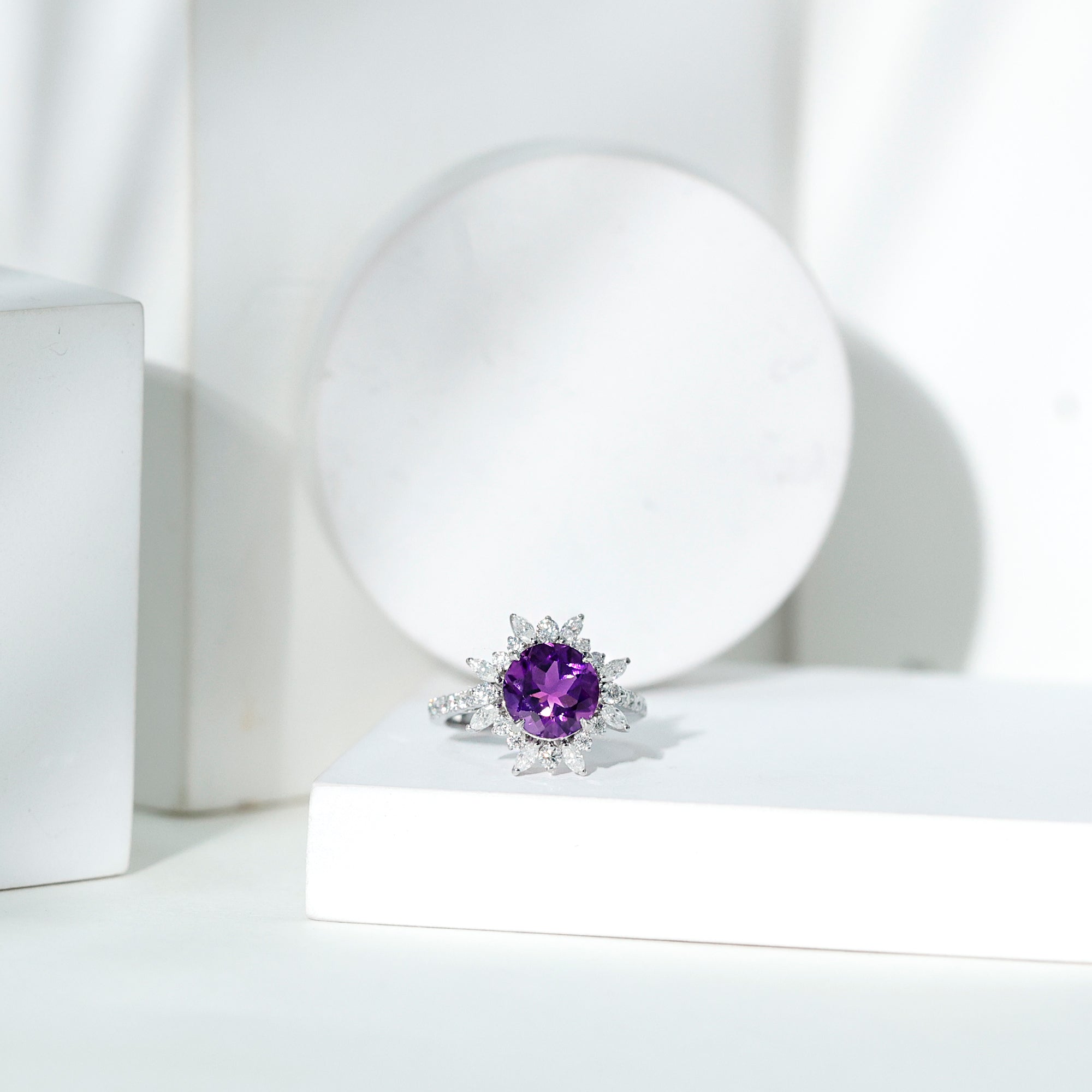 Rosec Jewels-Natural 2 Carat Amethyst Statement Engagement Ring with Moissanite Halo