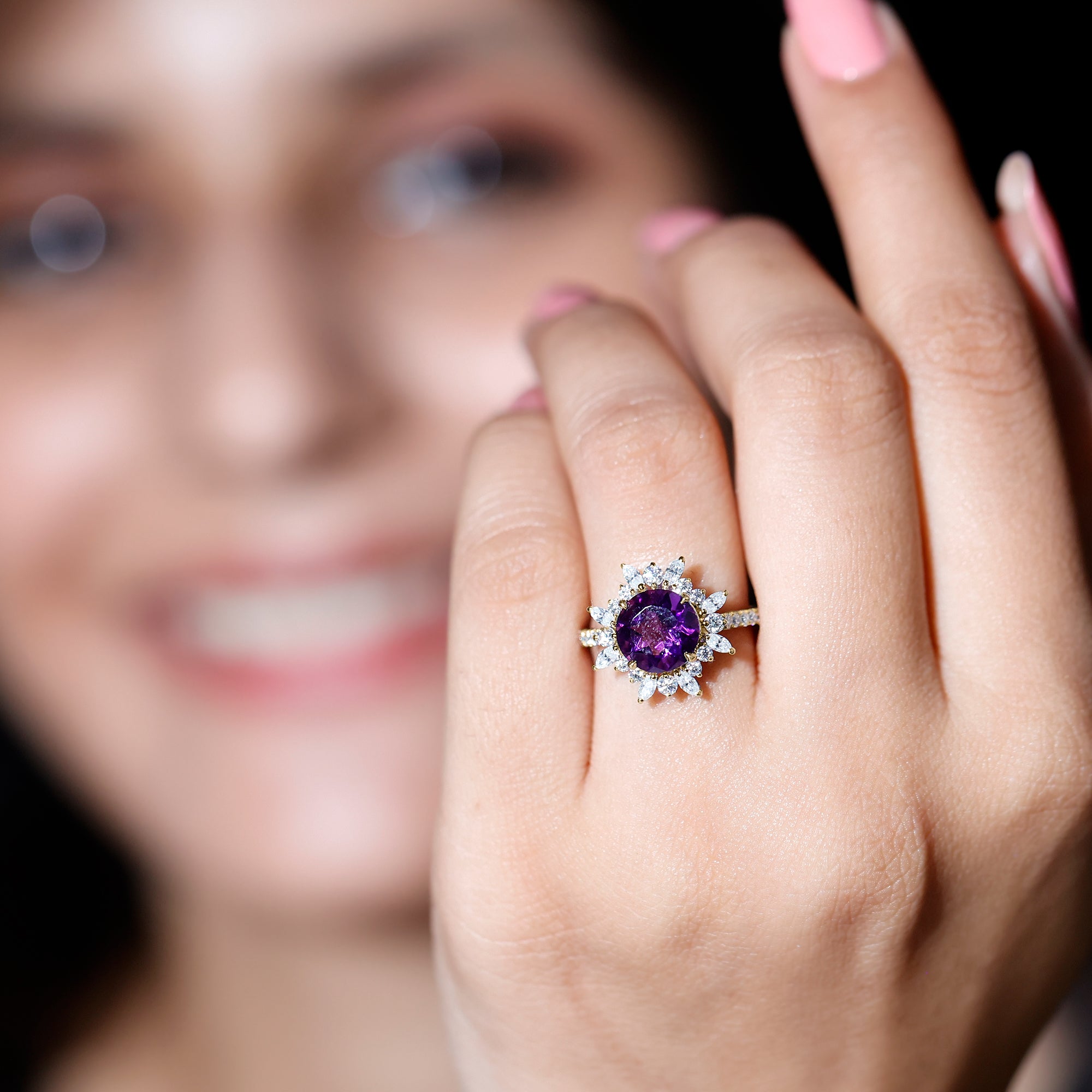 Rosec Jewels-Natural 2 Carat Amethyst Statement Engagement Ring with Moissanite Halo