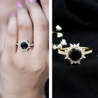 Real Black Spinel Engagement Ring with Moissanite Halo AAA - Rosec Jewels